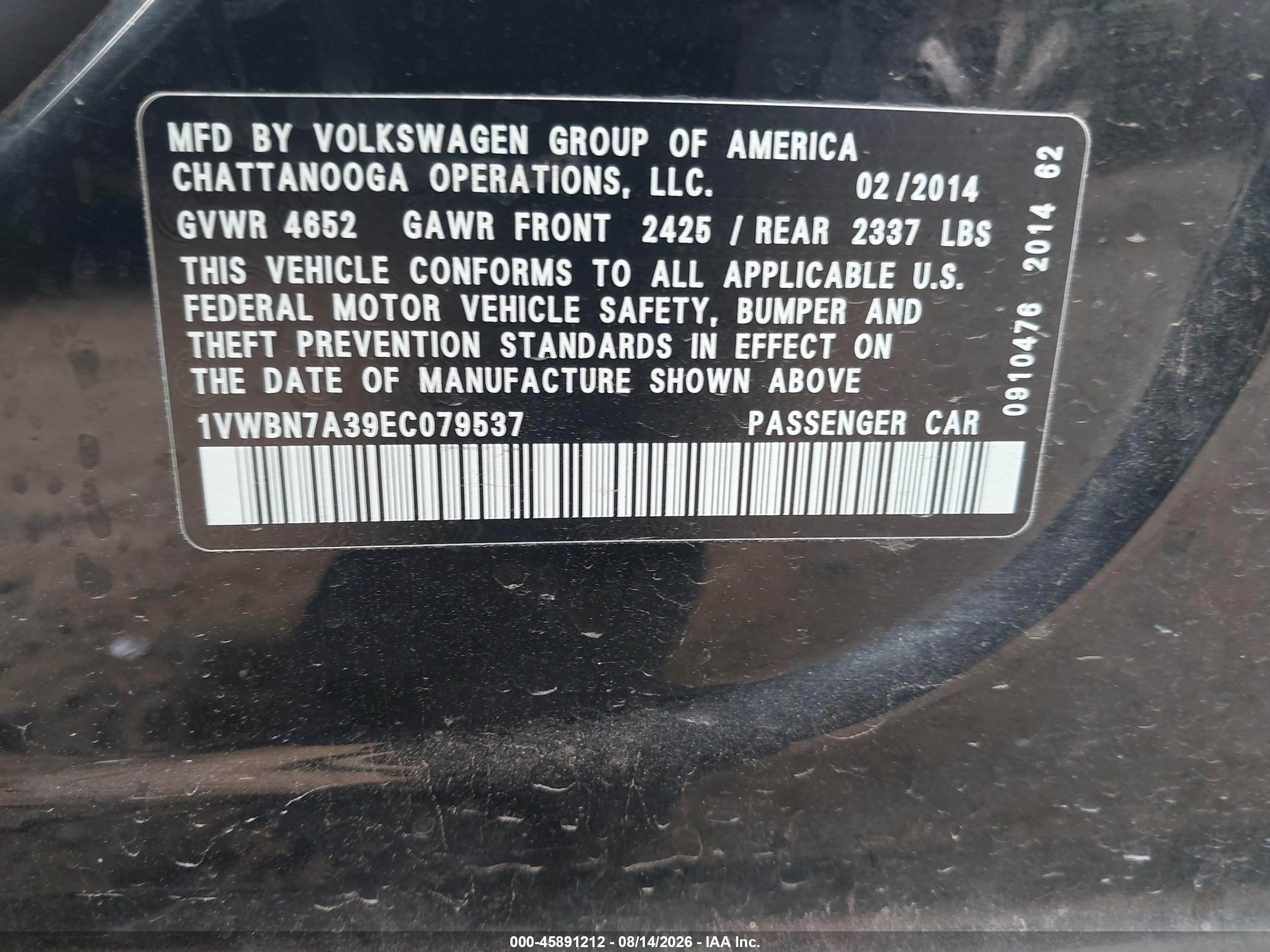 2014 Volkswagen Passat 2.0l Tdi Se Black vin: 1VWBN7A39EC079537