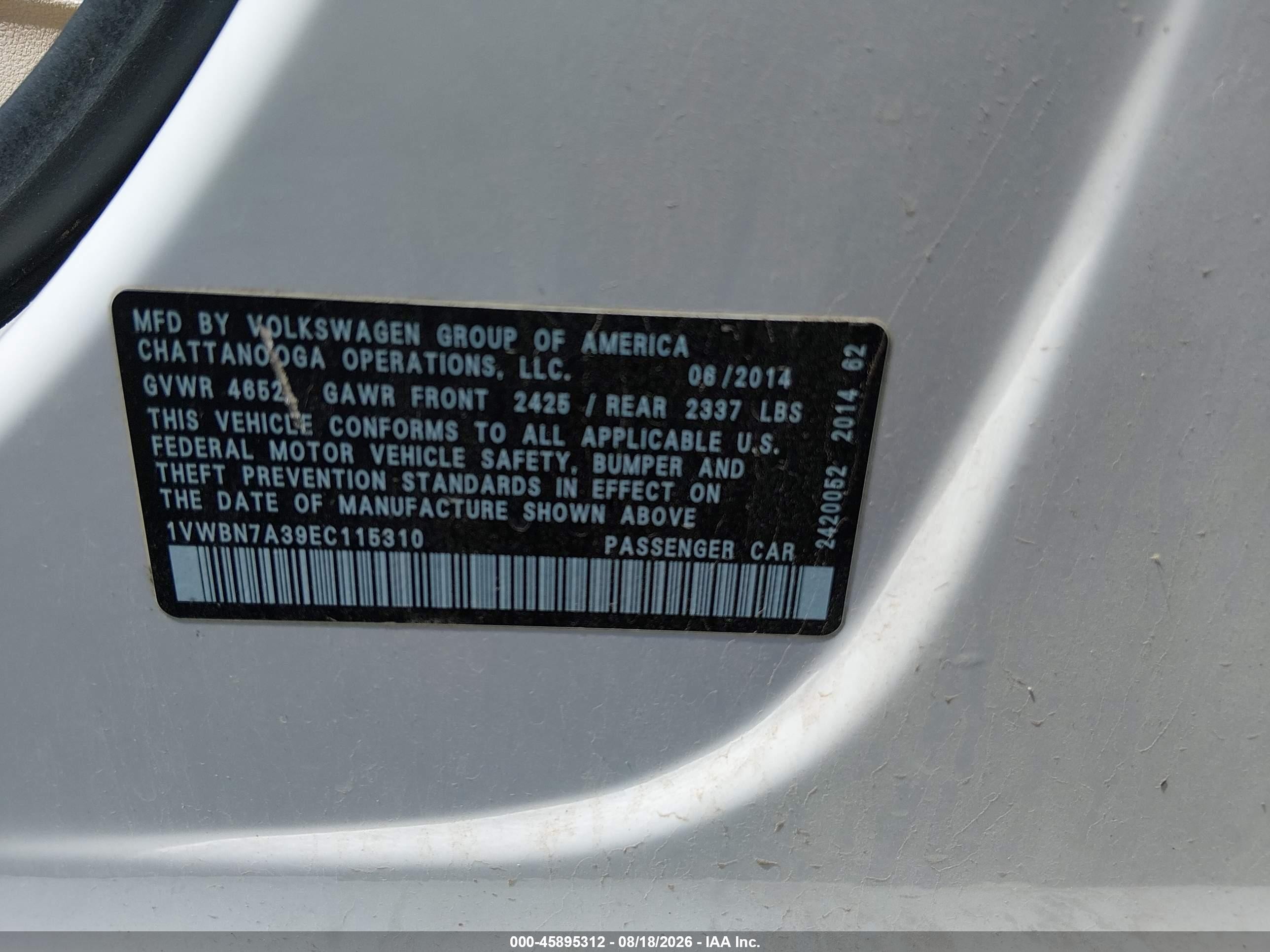 2014 Volkswagen Passat 2.0l Tdi Se White vin: 1VWBN7A39EC115310