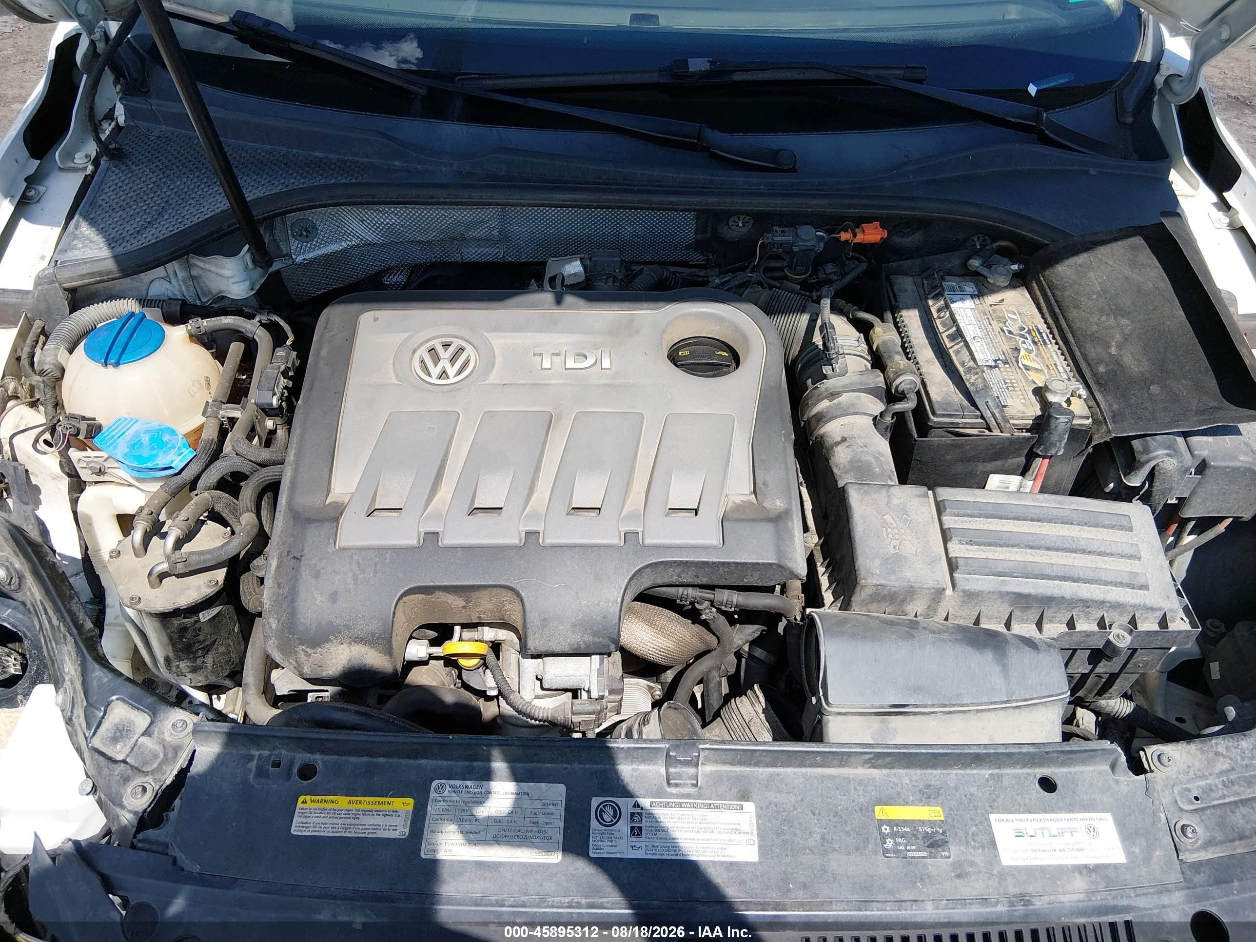 2014 Volkswagen Passat 2.0l Tdi Se White vin: 1VWBN7A39EC115310