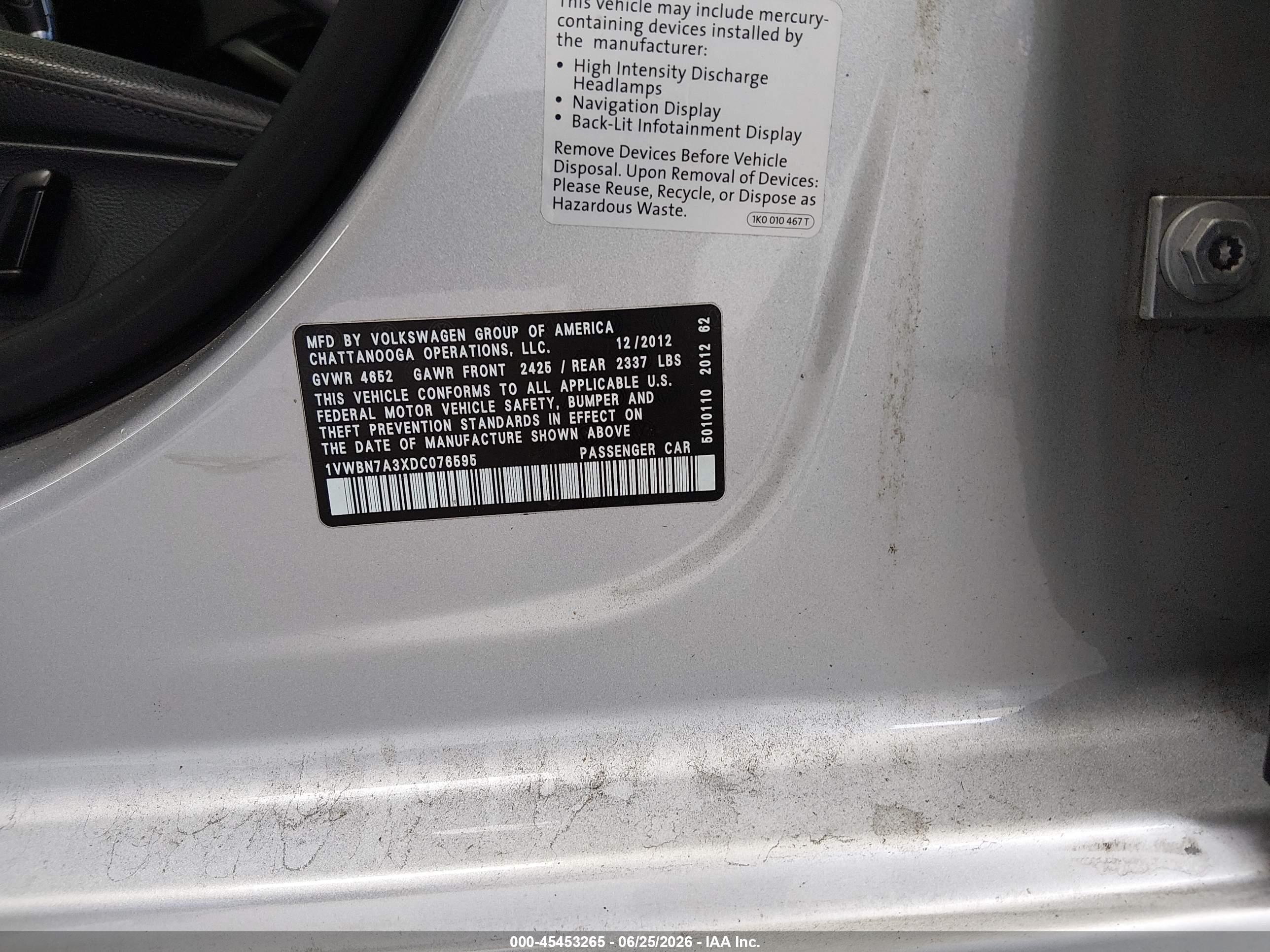 2013 Volkswagen Passat 2.0l Tdi Se Silver vin: 1VWBN7A3XDC076595