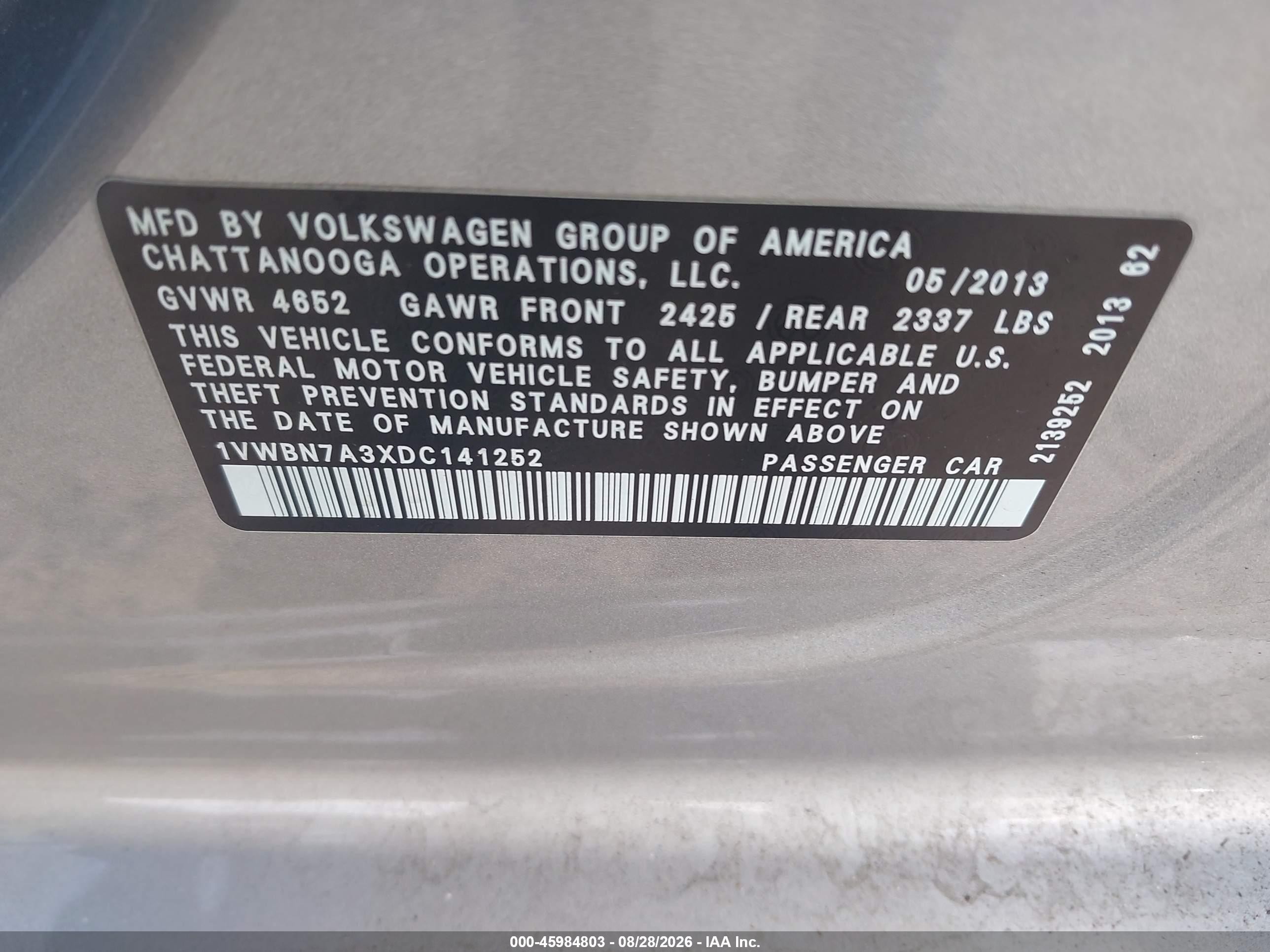 2013 Volkswagen Passat 2.0l Tdi Se Silver vin: 1VWBN7A3XDC141252