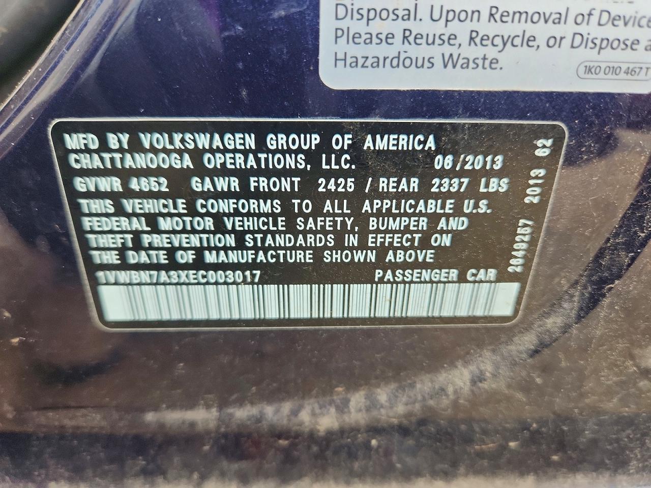 2014 Volkswagen Passat Se Синий vin: 1VWBN7A3XEC003017