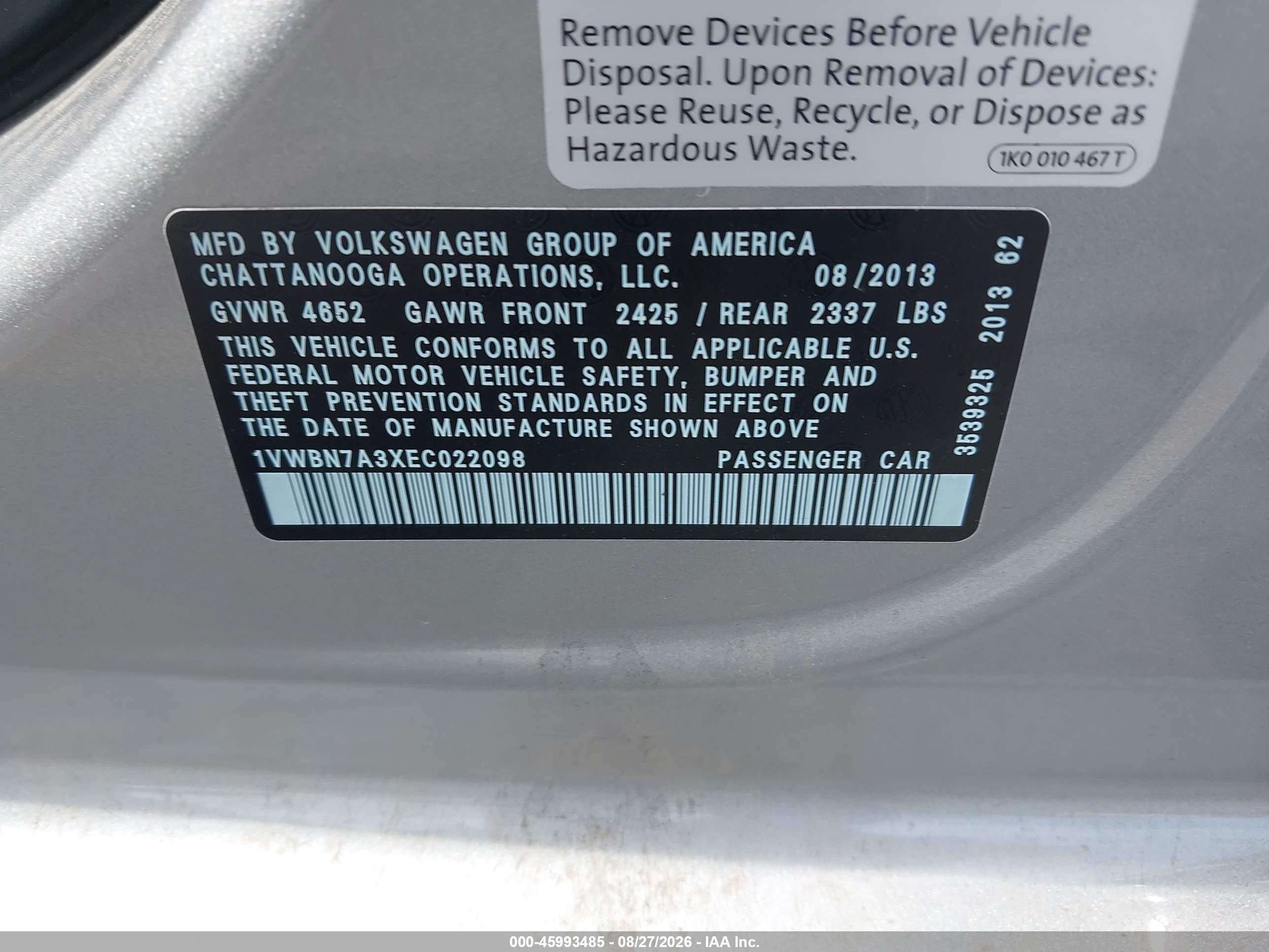 2014 Volkswagen Passat 2.0l Tdi Se Gray vin: 1VWBN7A3XEC022098