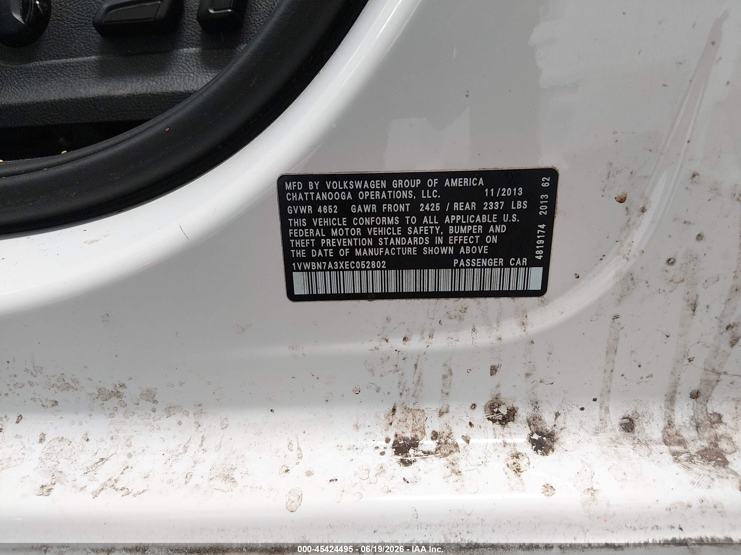 2014 Volkswagen Passat 2.0l Tdi Se White vin: 1VWBN7A3XEC052802