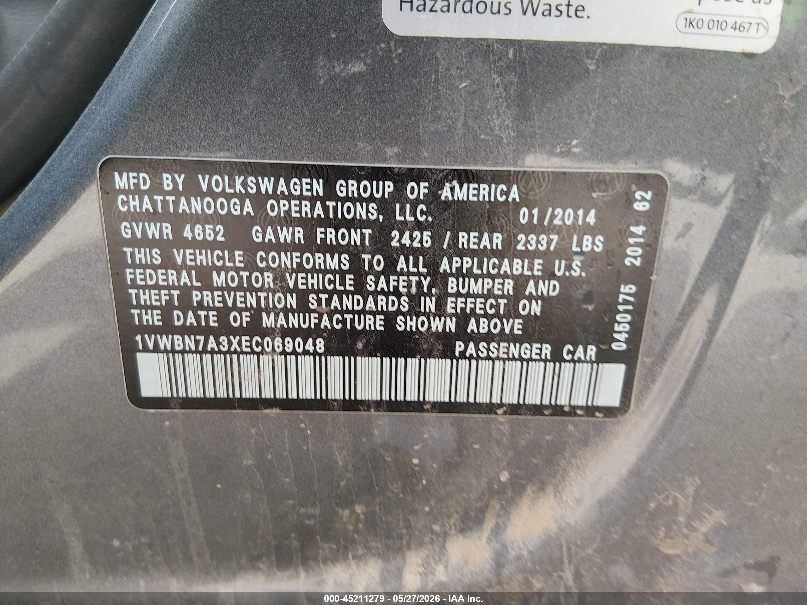 2014 Volkswagen Passat 2.0l Tdi Se Gray vin: 1VWBN7A3XEC069048