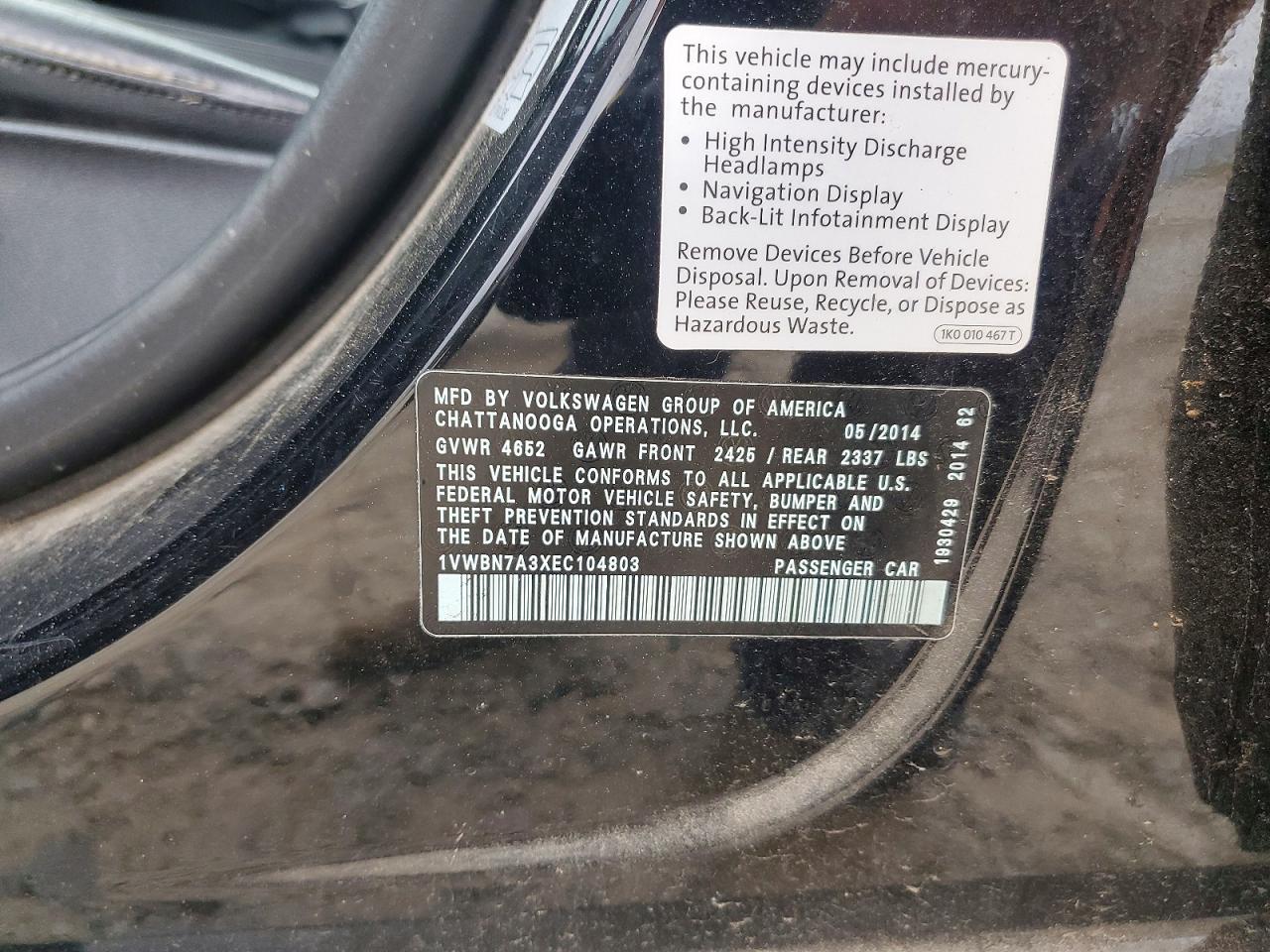 2014 Volkswagen Passat Se Black vin: 1VWBN7A3XEC104803