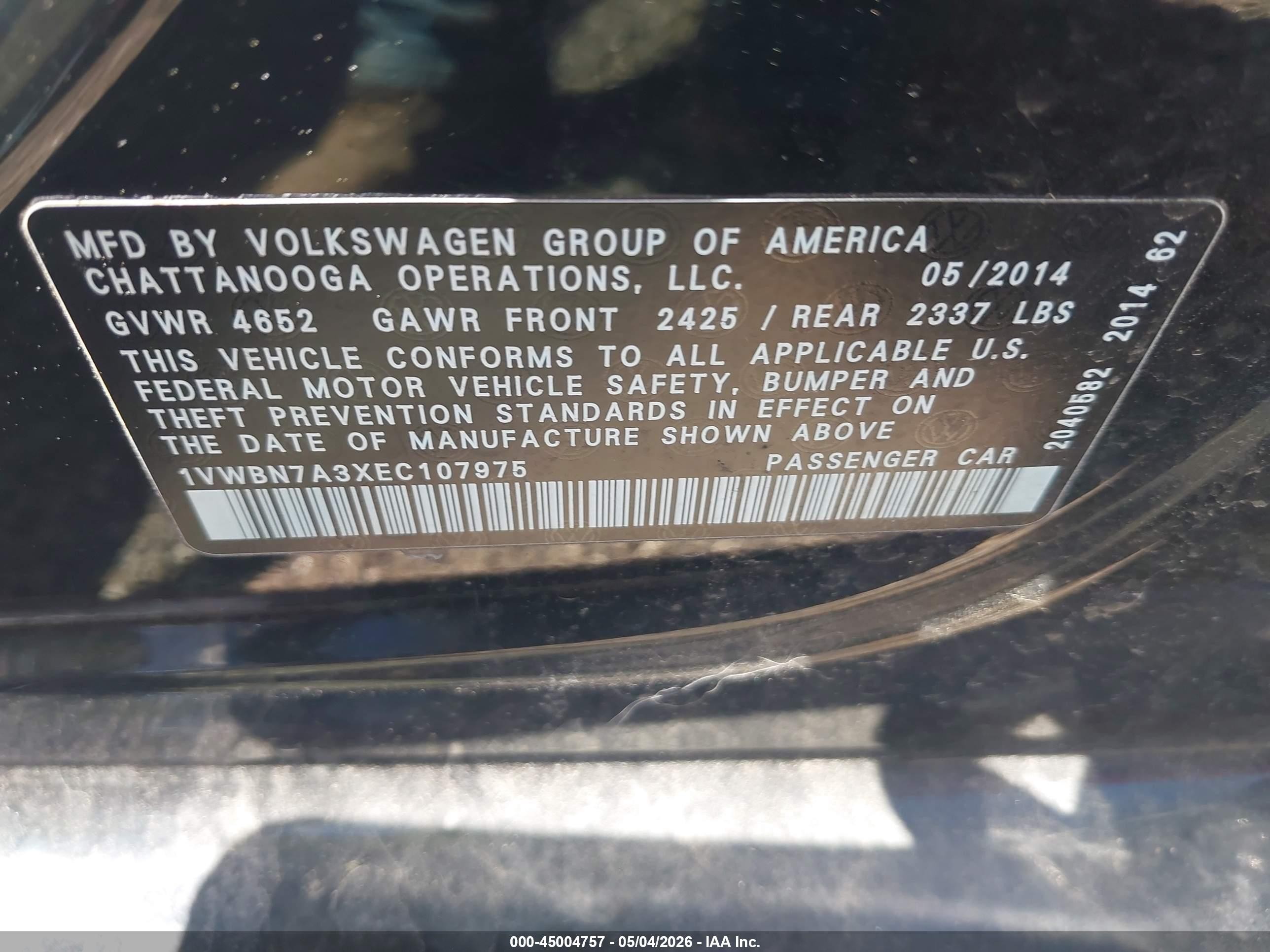 2014 Volkswagen Passat 2.0l Tdi Se Black vin: 1VWBN7A3XEC107975