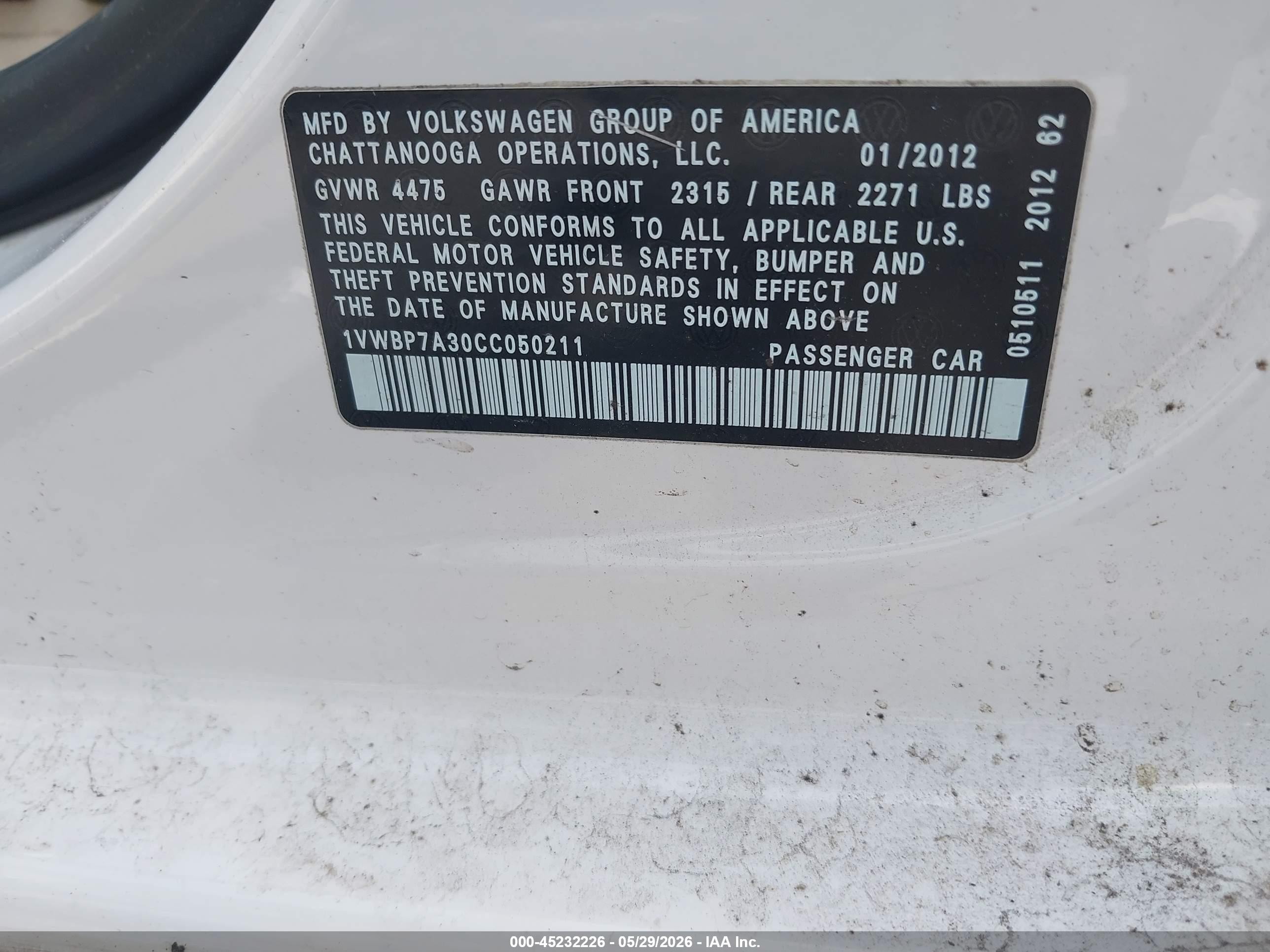 2012 Volkswagen Passat 2.5l Se White vin: 1VWBP7A30CC050211