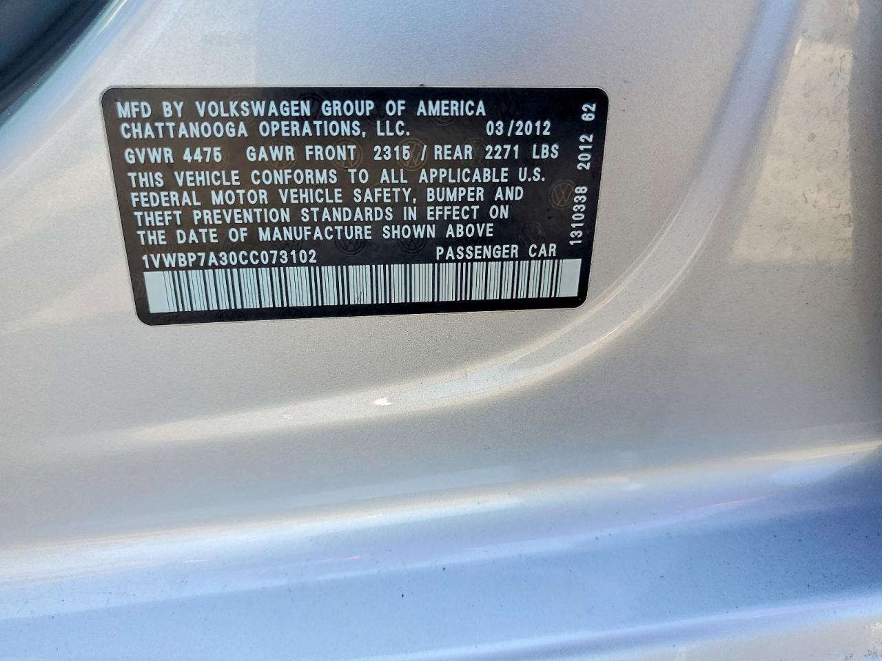 2012 Volkswagen Passat Se Silver vin: 1VWBP7A30CC073102