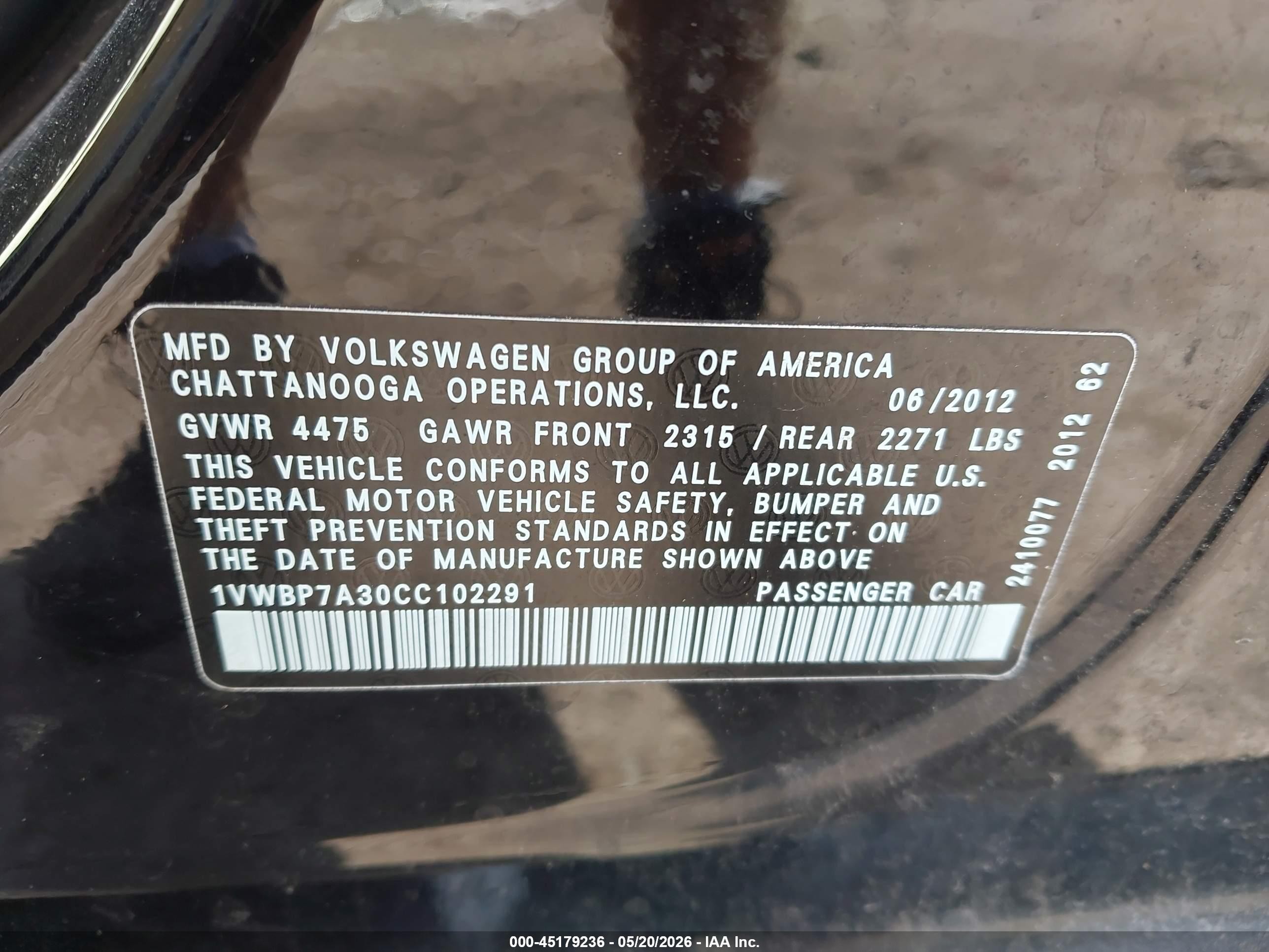 2012 Volkswagen Passat 2.5l Se Black vin: 1VWBP7A30CC102291