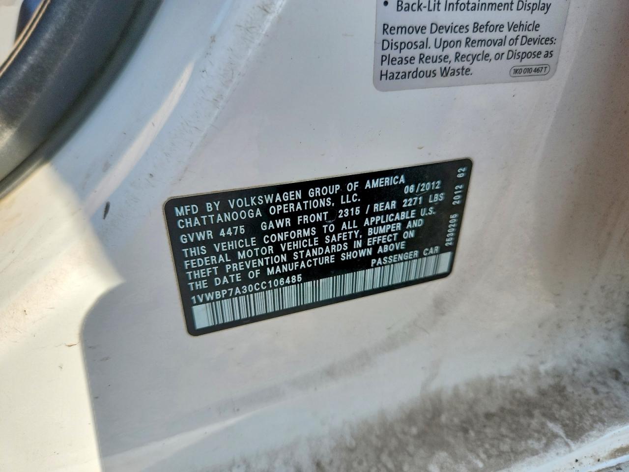 2012 Volkswagen Passat Se White vin: 1VWBP7A30CC106485