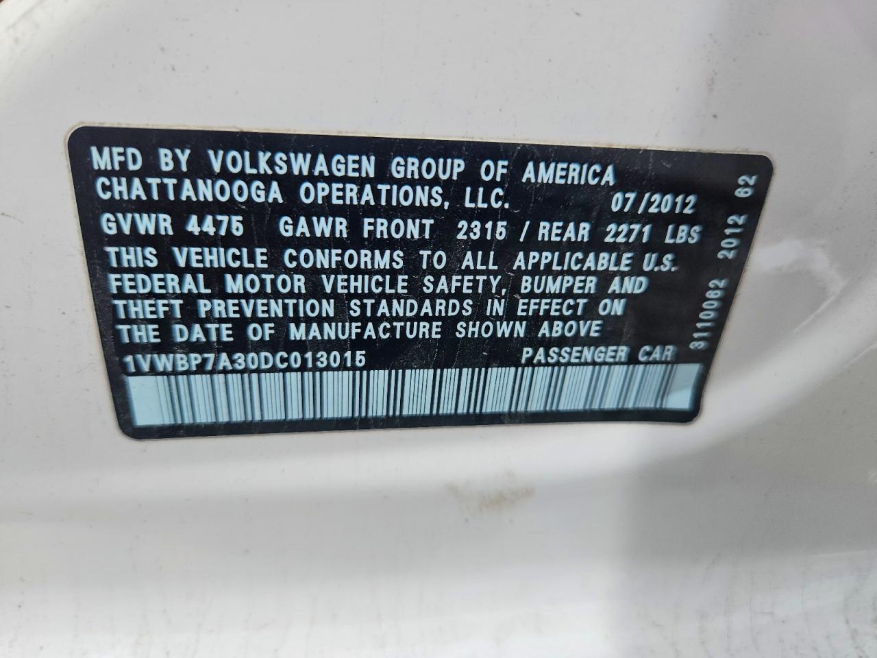 2013 Volkswagen Passat Se White vin: 1VWBP7A30DC013015