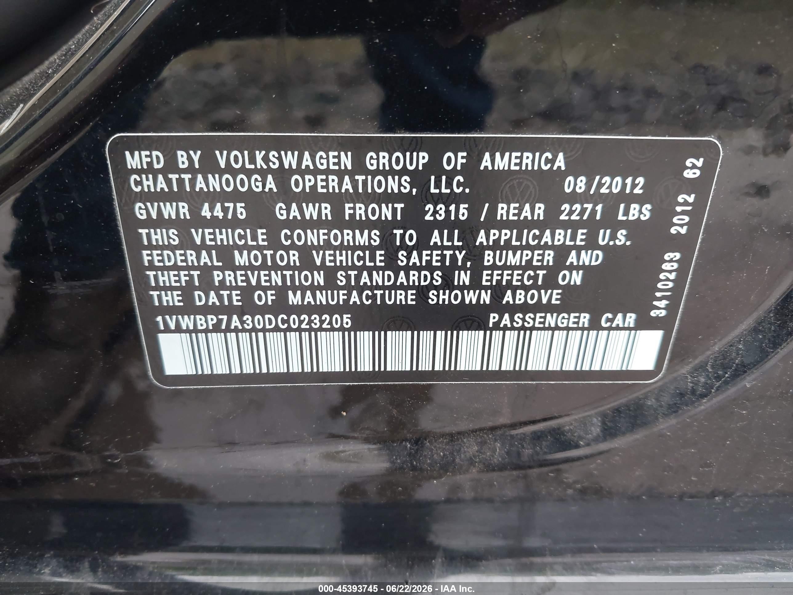2013 Volkswagen Passat 2.5l Se Black vin: 1VWBP7A30DC023205