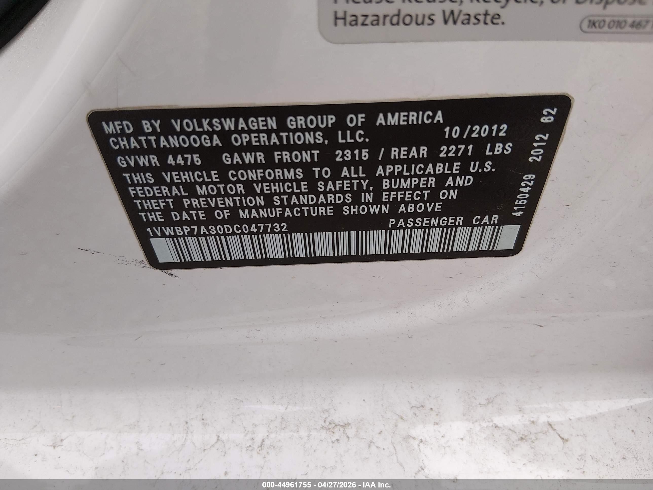 2013 Volkswagen Passat 2.5l Se White vin: 1VWBP7A30DC047732