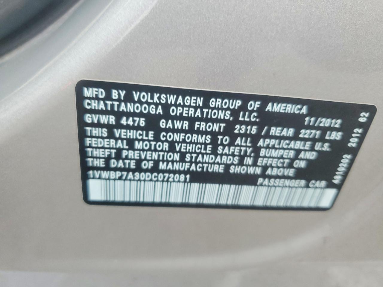 2013 Volkswagen Passat Se Silver vin: 1VWBP7A30DC072081