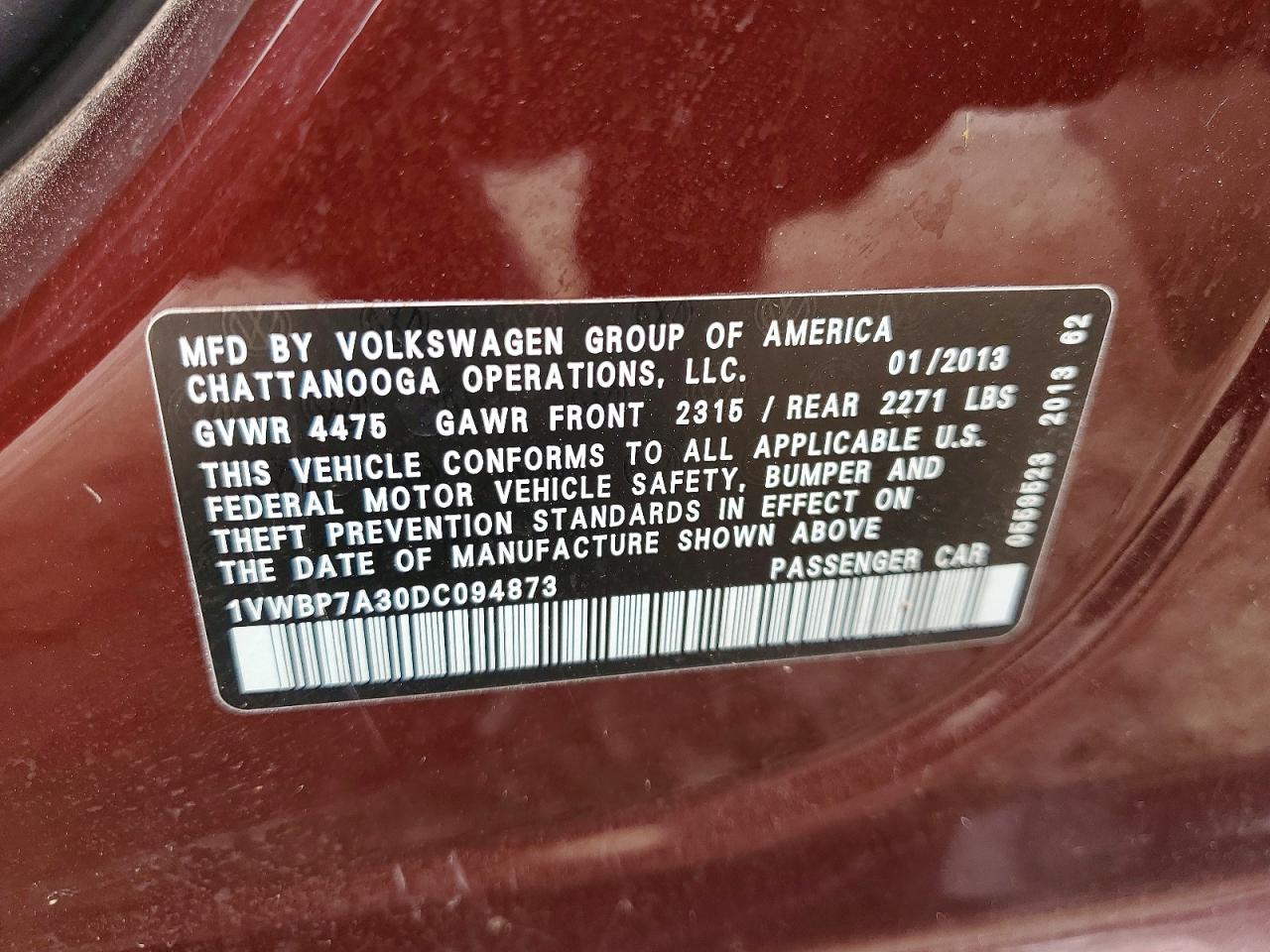 2013 Volkswagen Passat Se Maroon vin: 1VWBP7A30DC094873