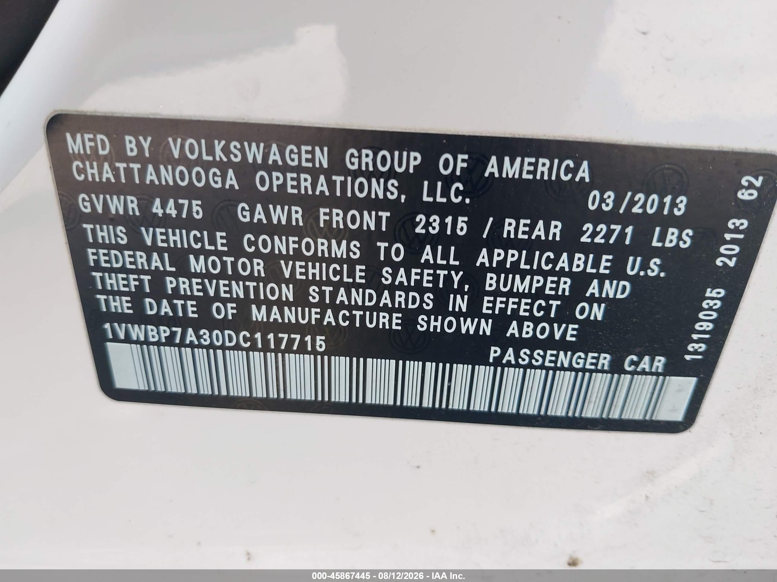 2013 Volkswagen Passat 2.5l Se White vin: 1VWBP7A30DC117715