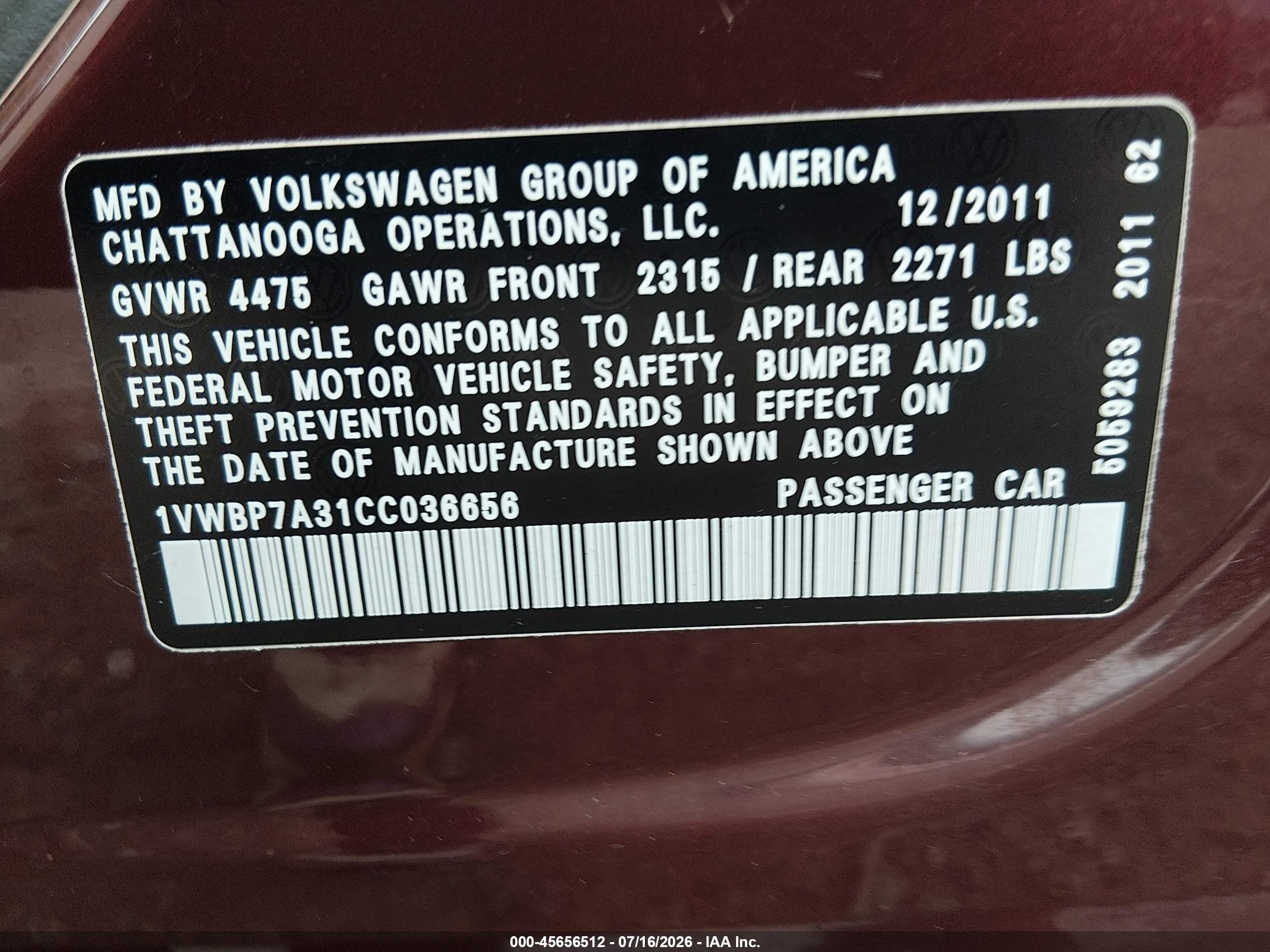 2012 Volkswagen Passat 2.5l Se Red vin: 1VWBP7A31CC036656