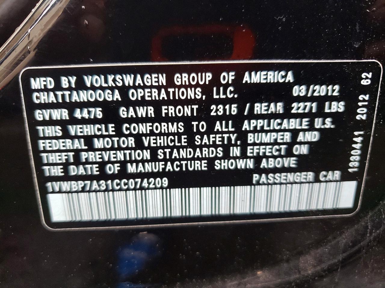 2012 Volkswagen Passat Se Black vin: 1VWBP7A31CC074209
