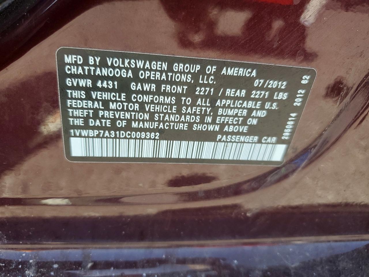2013 Volkswagen Passat Se Maroon vin: 1VWBP7A31DC009362
