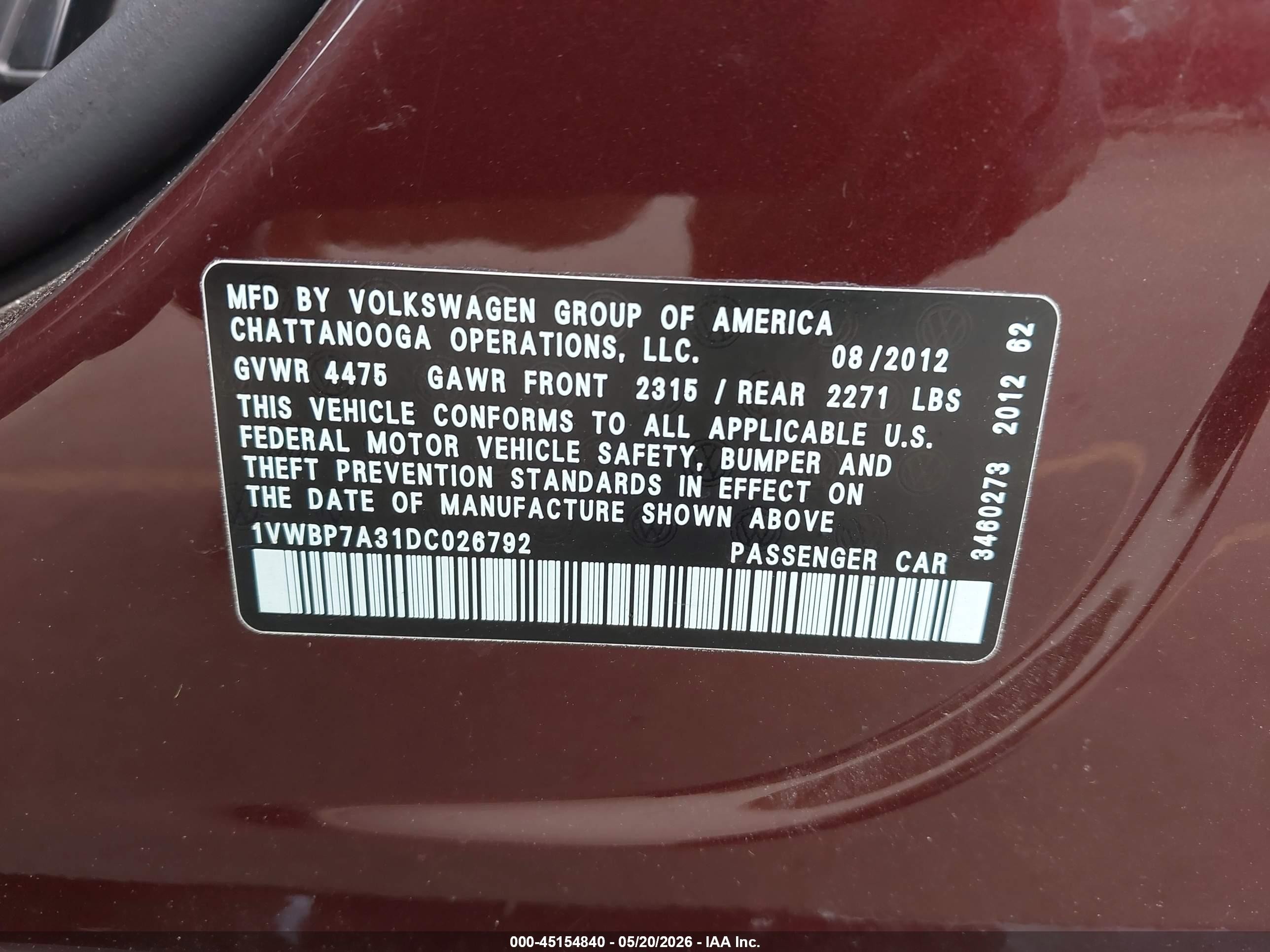 2013 Volkswagen Passat 2.5l Se Burgundy vin: 1VWBP7A31DC026792