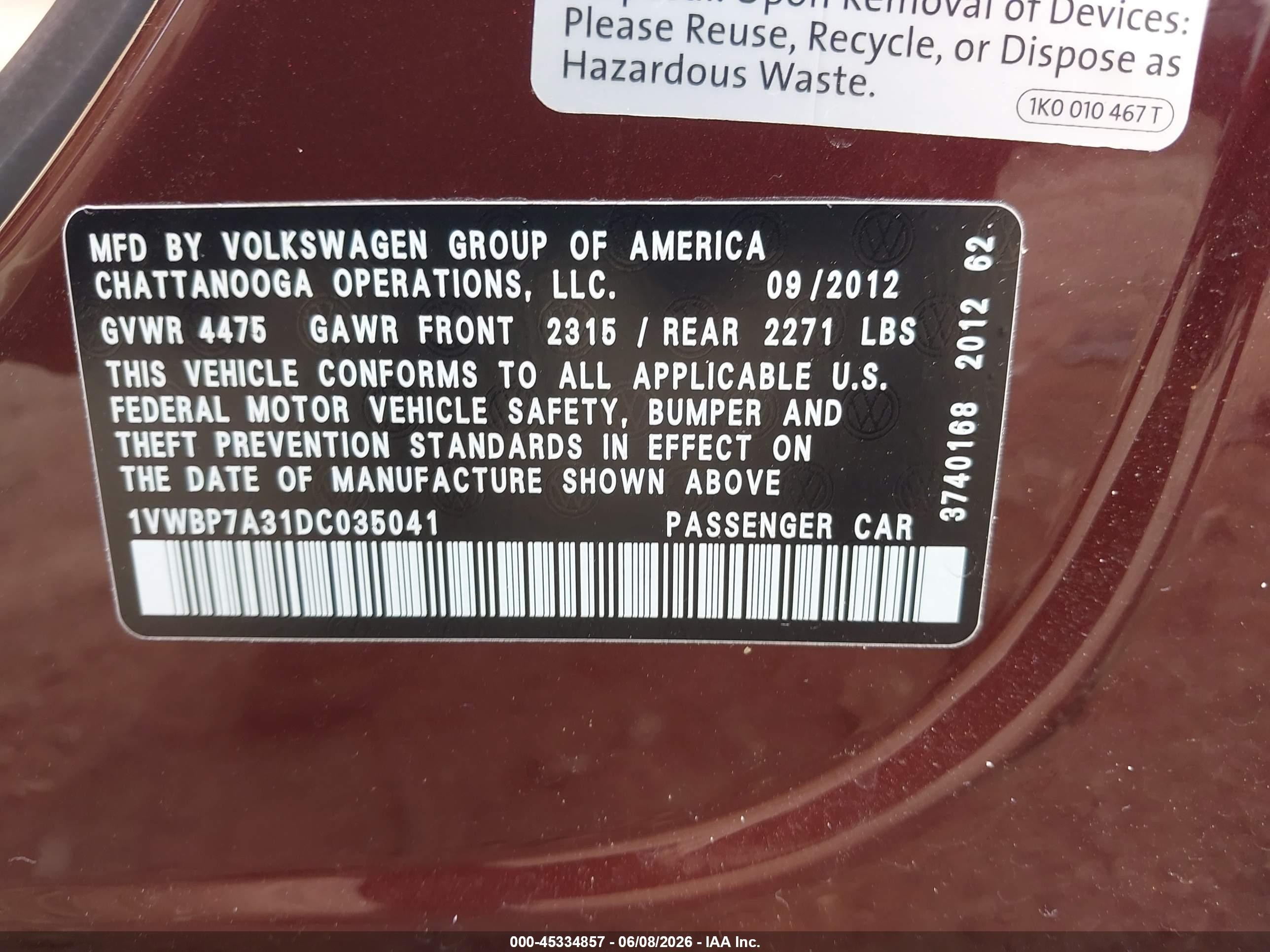 2013 Volkswagen Passat 2.5l Se Коричневый vin: 1VWBP7A31DC035041