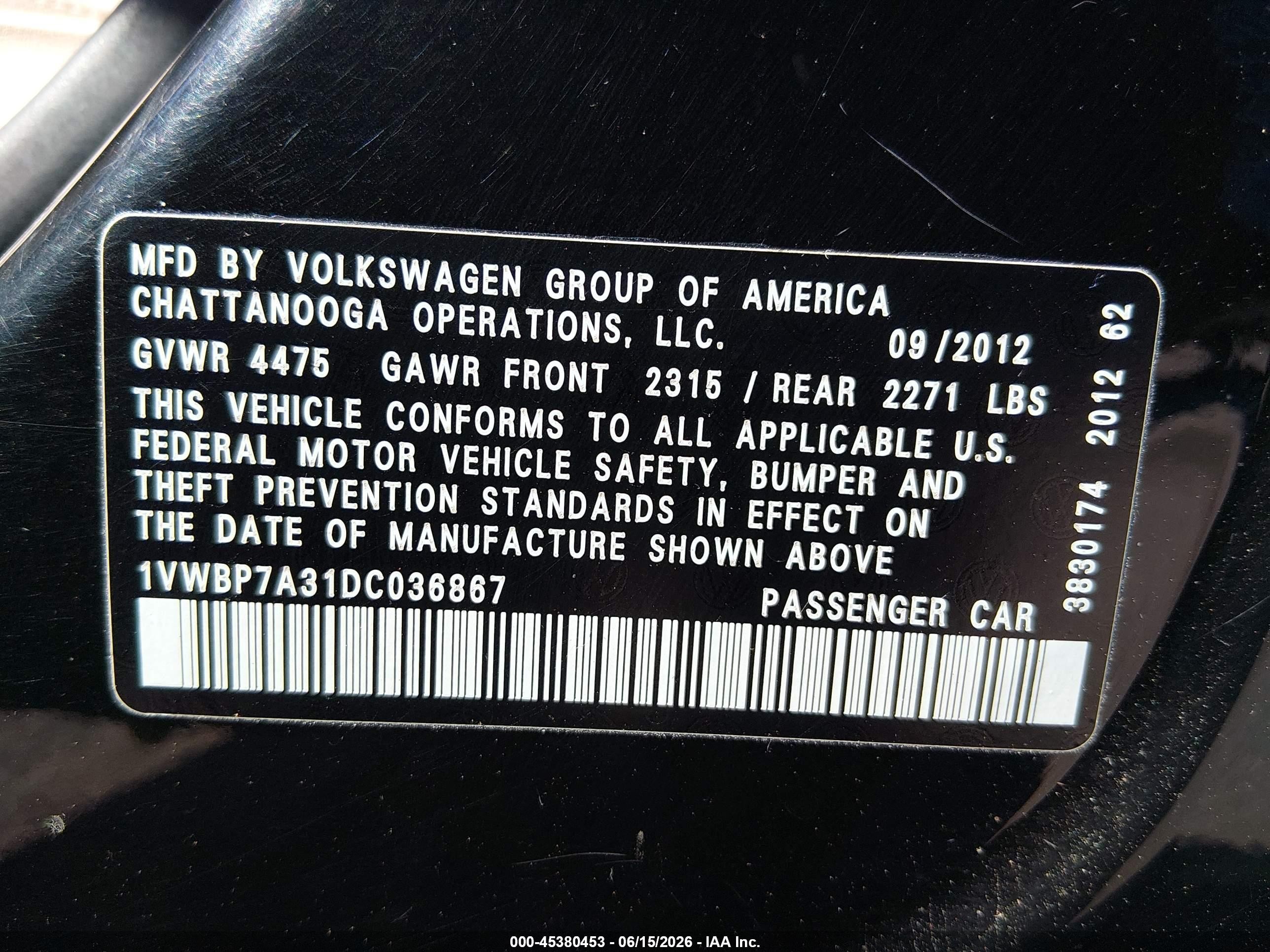 2013 Volkswagen Passat 2.5l Se Black vin: 1VWBP7A31DC036867