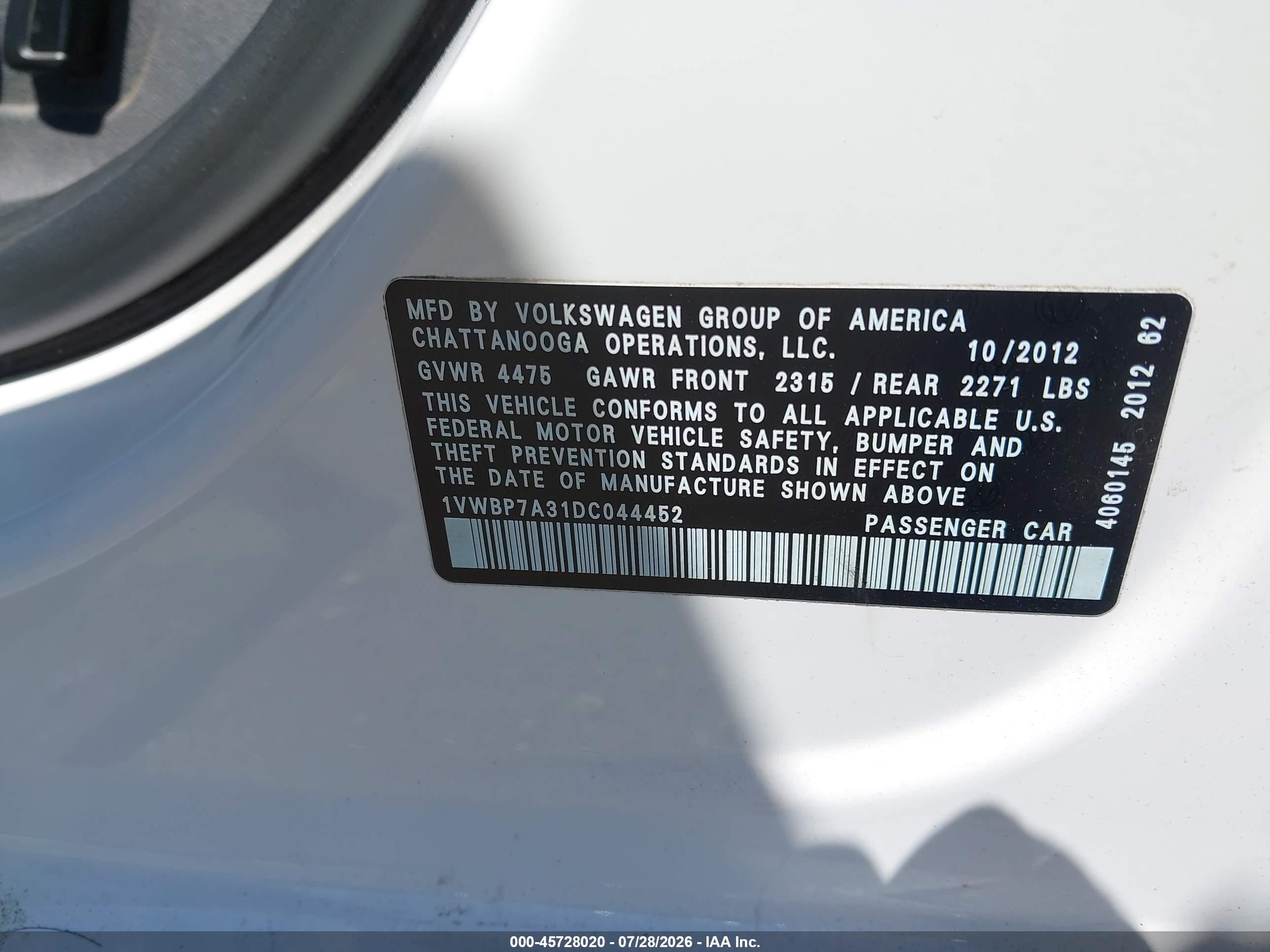 2013 Volkswagen Passat 2.5l Se White vin: 1VWBP7A31DC044452