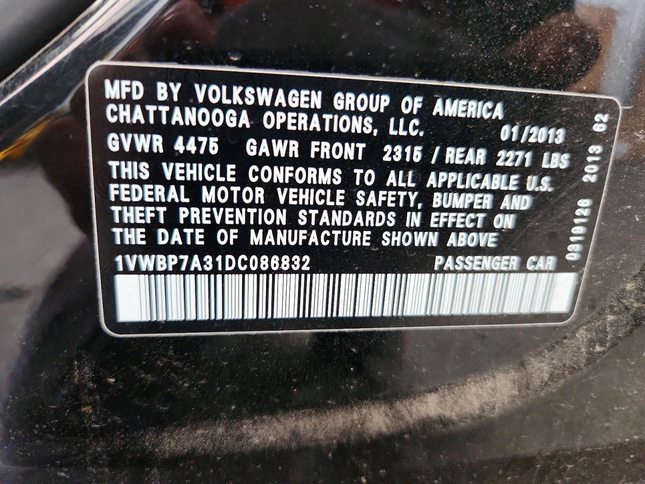 2013 Volkswagen Passat Se Black vin: 1VWBP7A31DC086832
