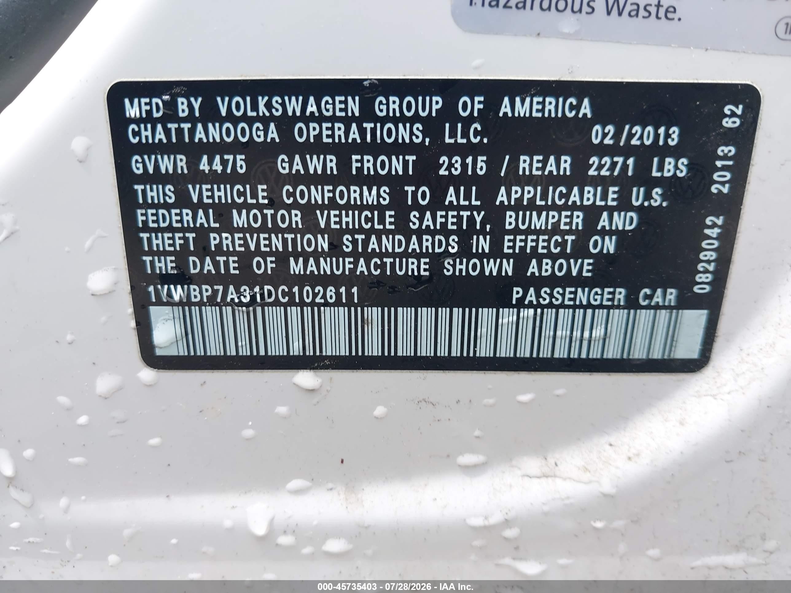 2013 Volkswagen Passat 2.5l Se White vin: 1VWBP7A31DC102611