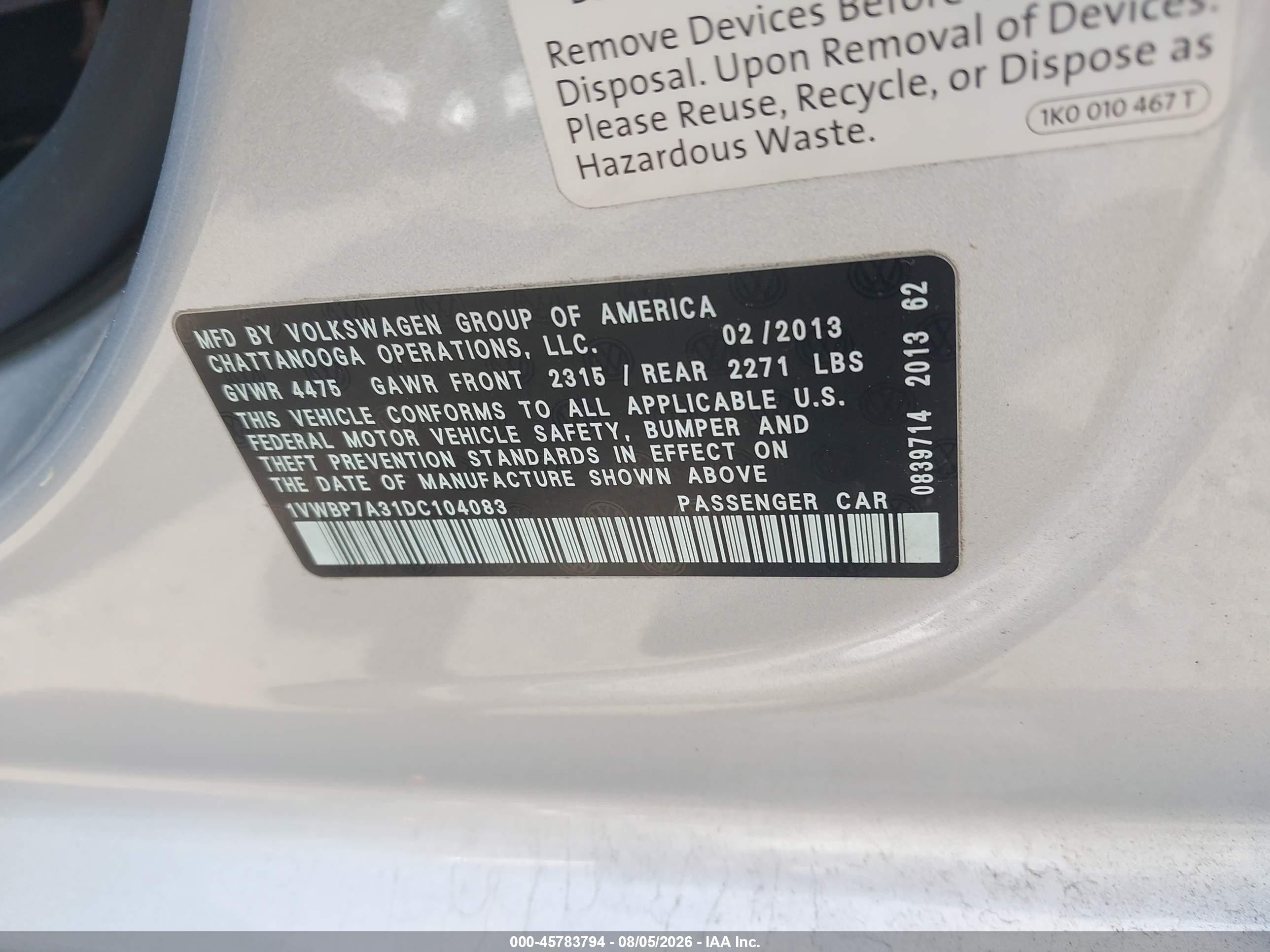 2013 Volkswagen Passat 2.5l Se Silver vin: 1VWBP7A31DC104083