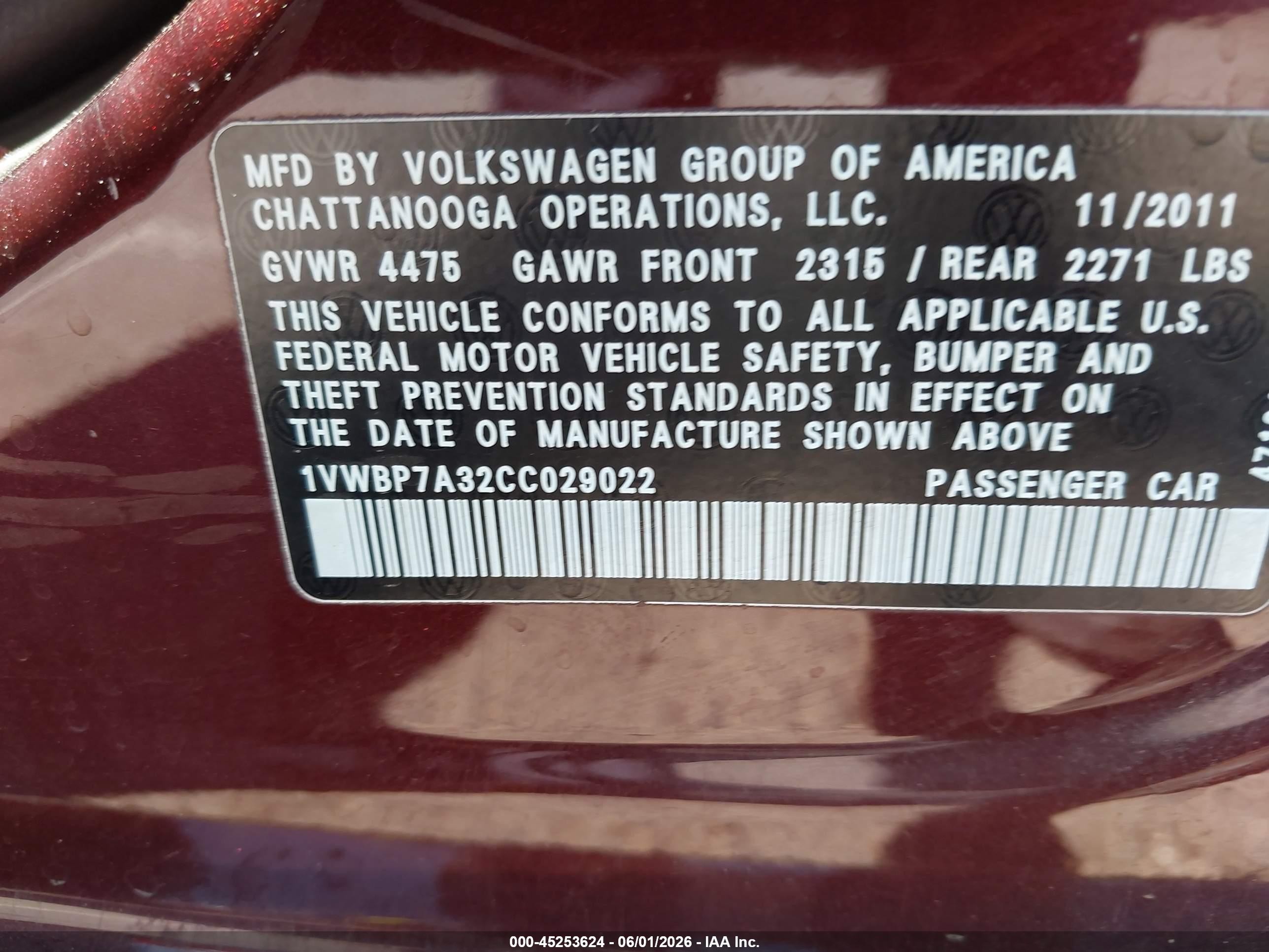 2012 Volkswagen Passat 2.5l Se Бордовый vin: 1VWBP7A32CC029022
