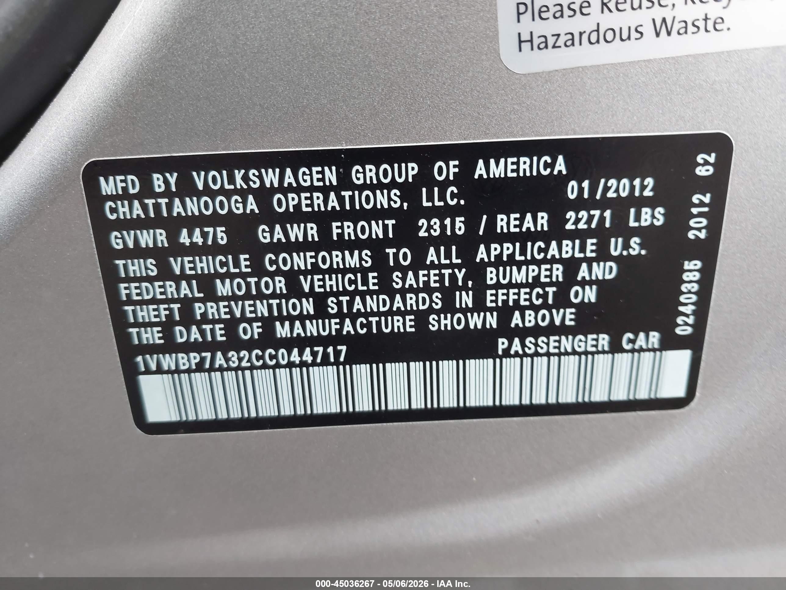2012 Volkswagen Passat 2.5l Se Silver vin: 1VWBP7A32CC044717