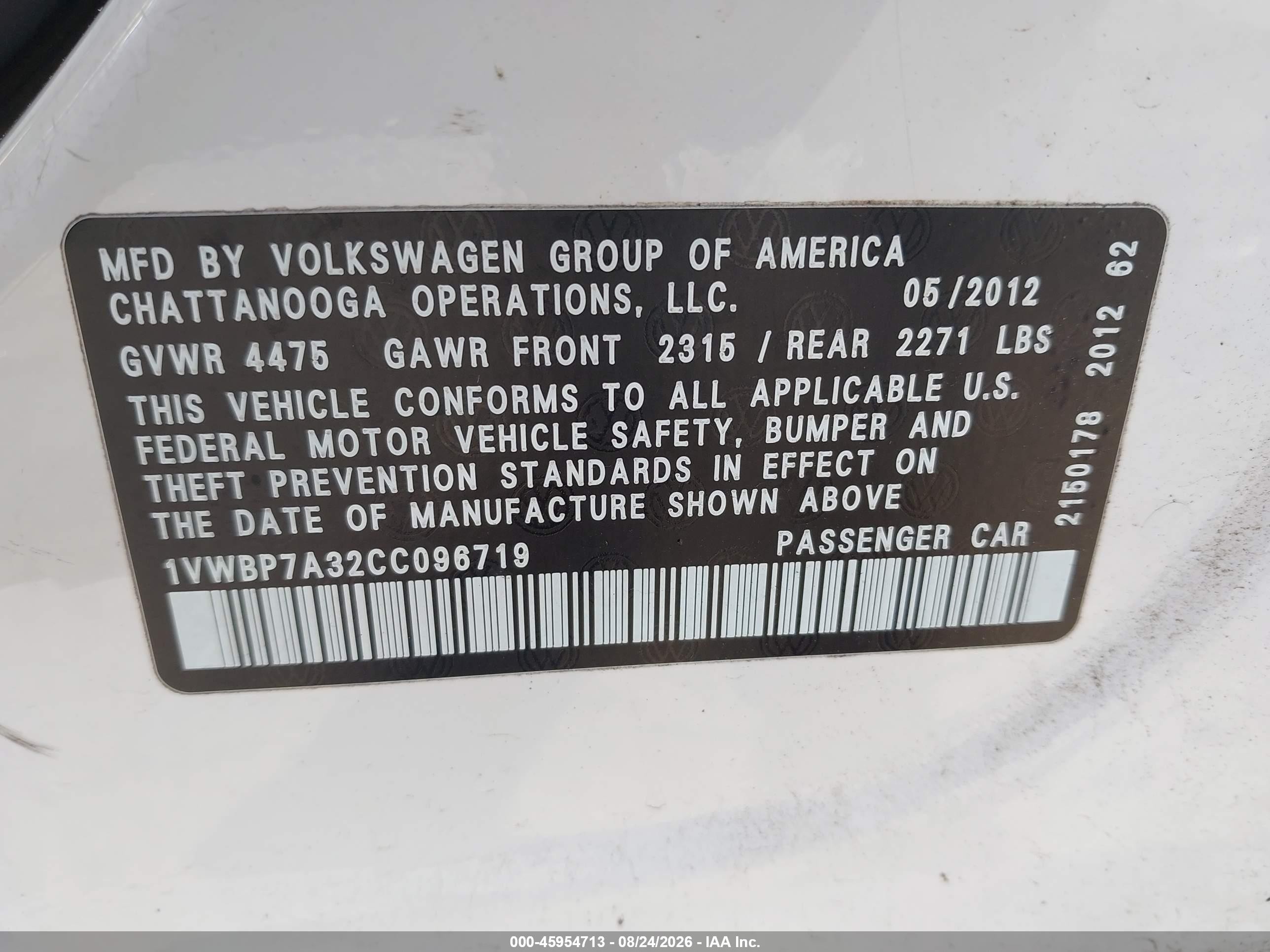 2012 Volkswagen Passat 2.5l Se White vin: 1VWBP7A32CC096719