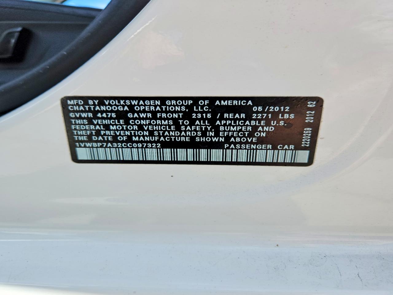 2012 Volkswagen Passat Se White vin: 1VWBP7A32CC097322
