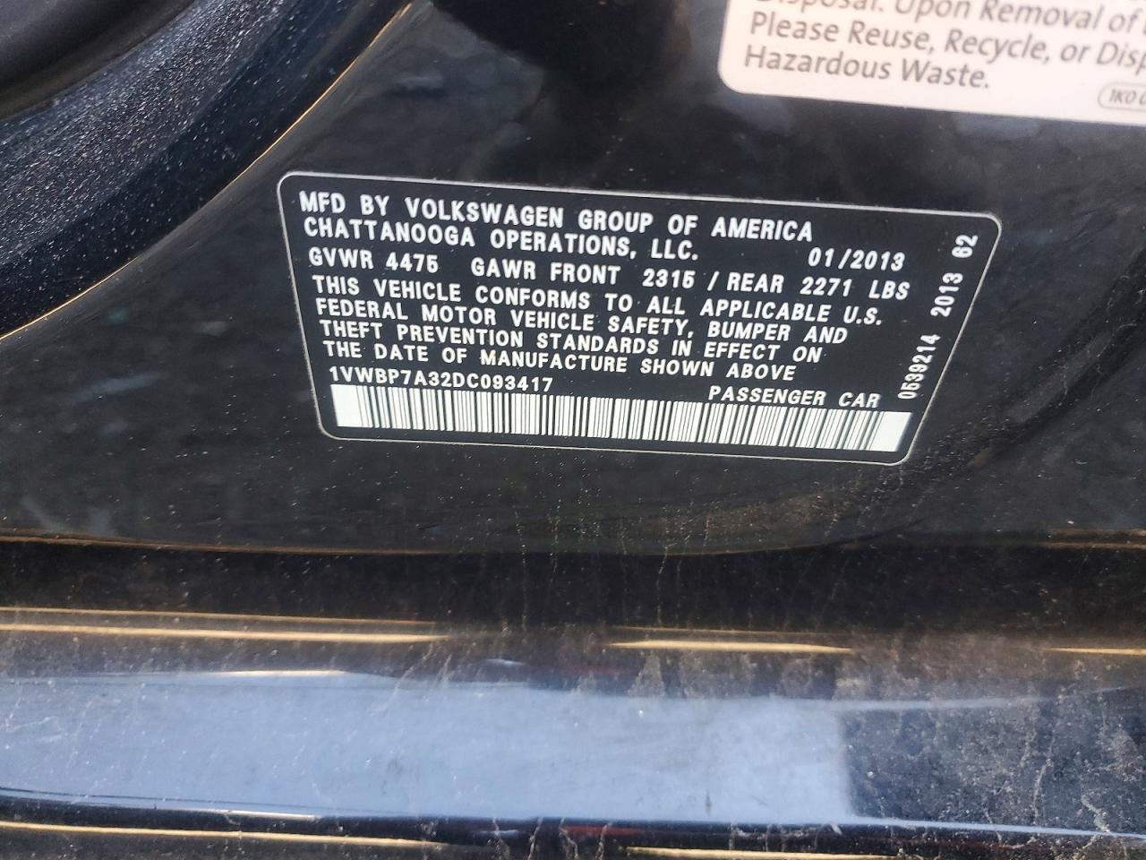 2013 Volkswagen Passat Se Black vin: 1VWBP7A32DC093417