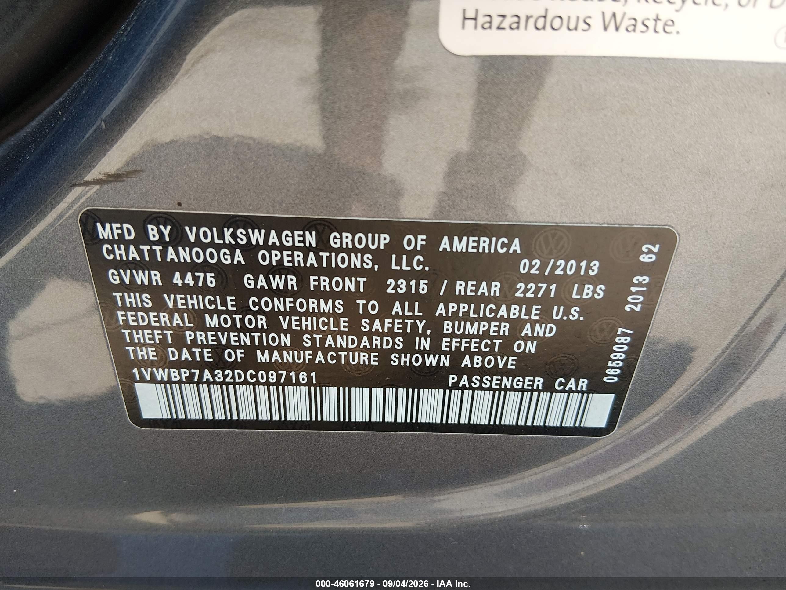 2013 Volkswagen Passat 2.5l Se Серый vin: 1VWBP7A32DC097161