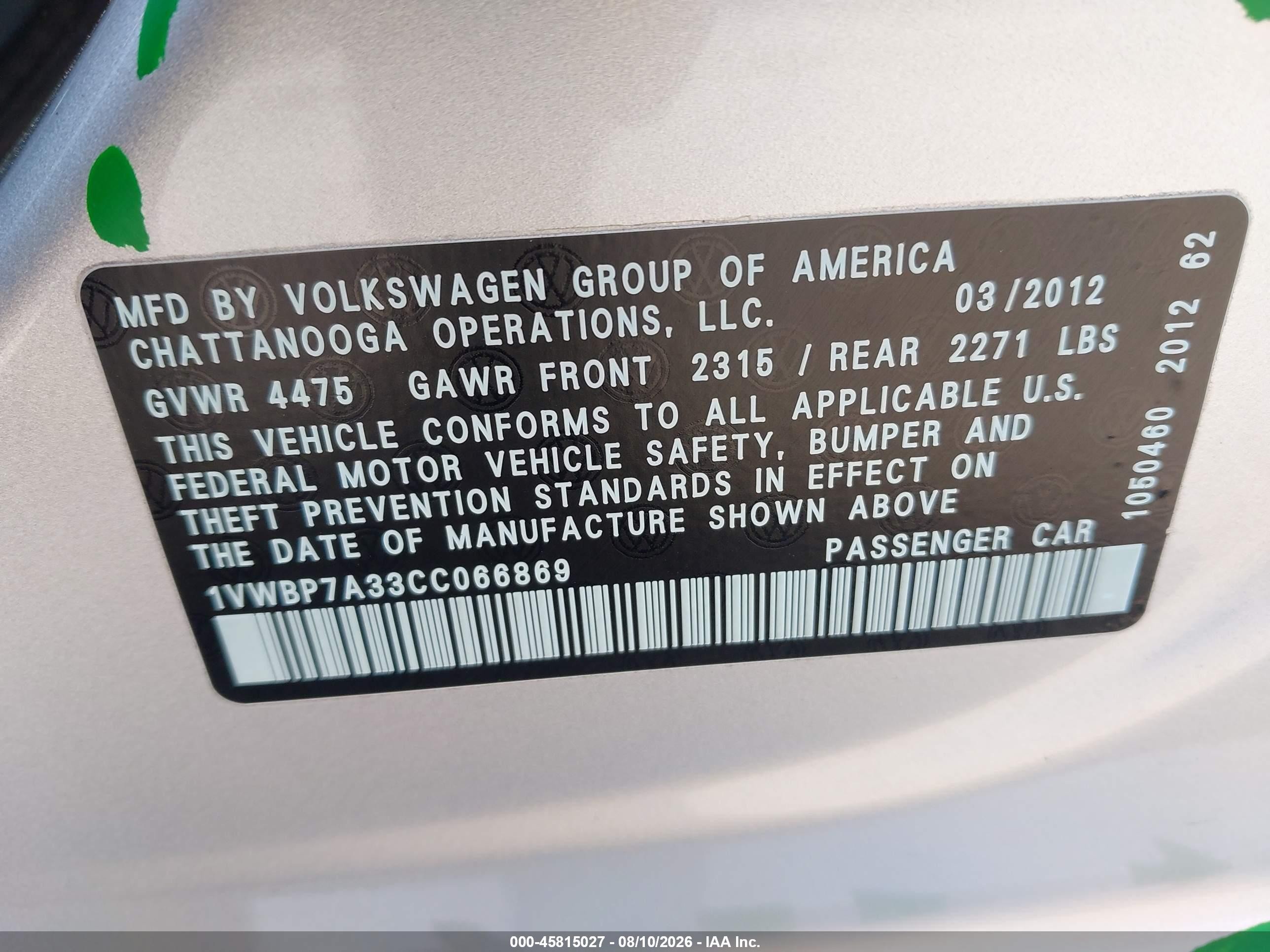 2012 Volkswagen Passat 2.5l Se Silver vin: 1VWBP7A33CC066869