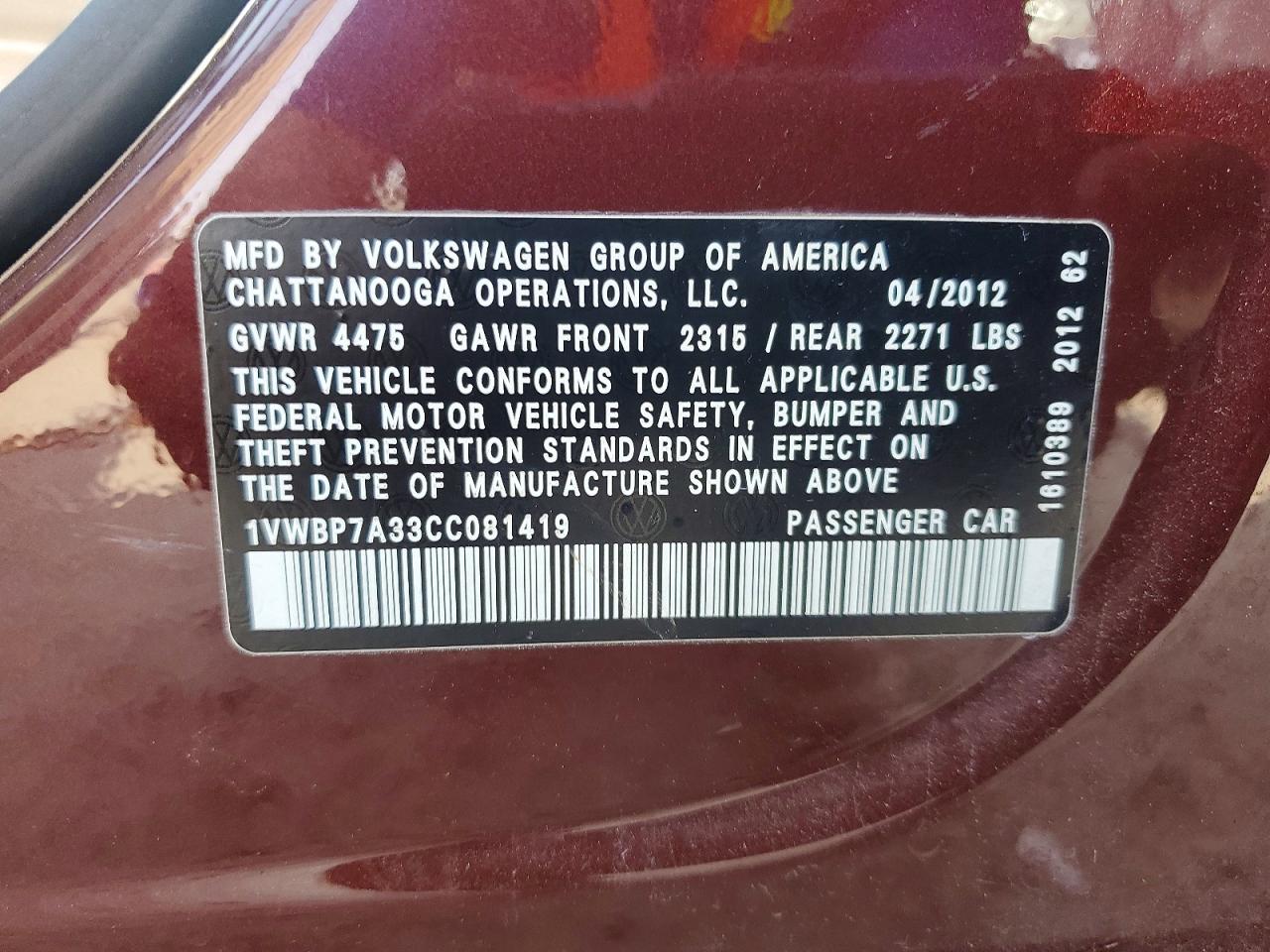 2012 Volkswagen Passat Se Maroon vin: 1VWBP7A33CC081419