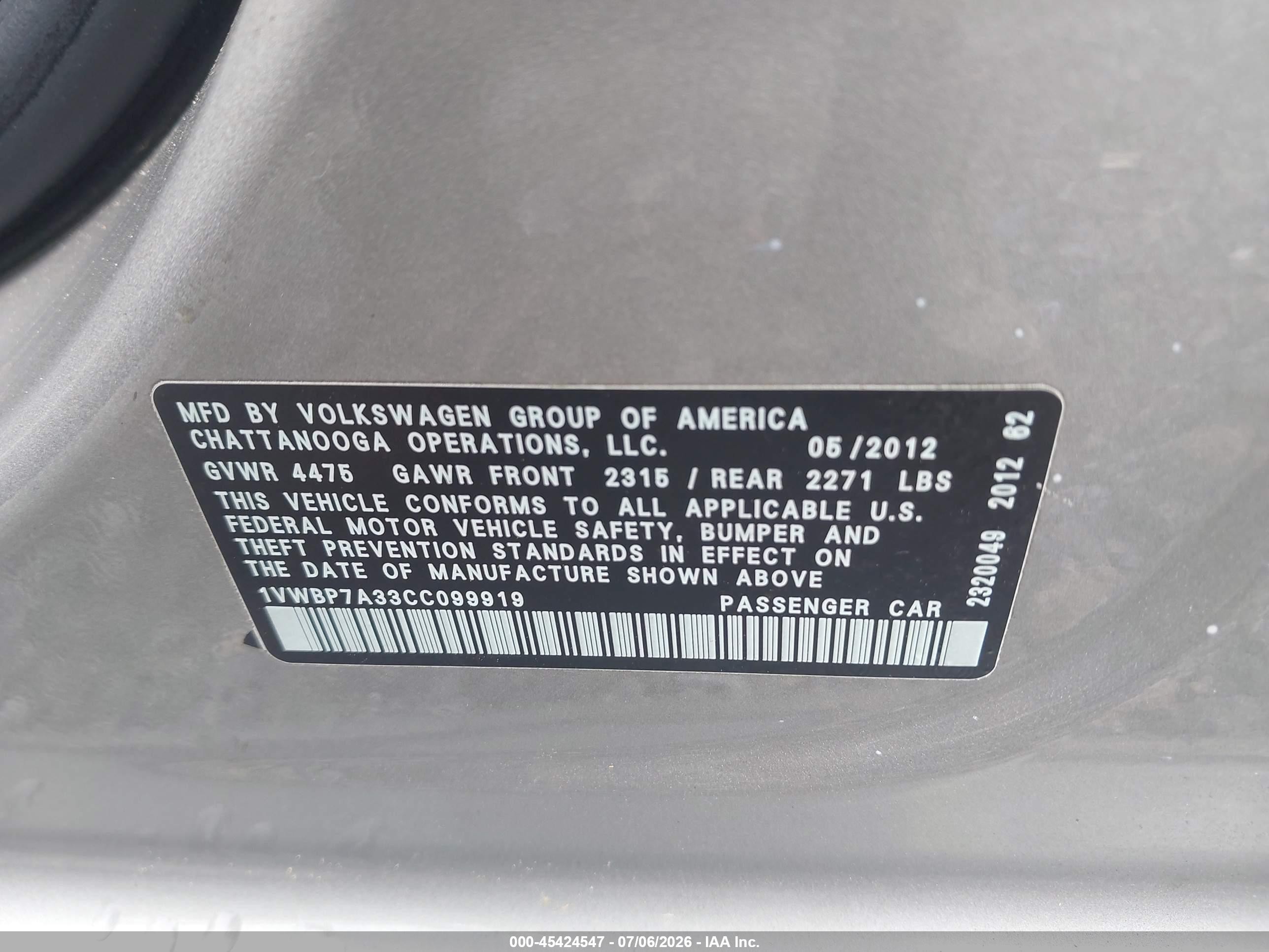 2012 Volkswagen Passat 2.5l Se Gray vin: 1VWBP7A33CC099919