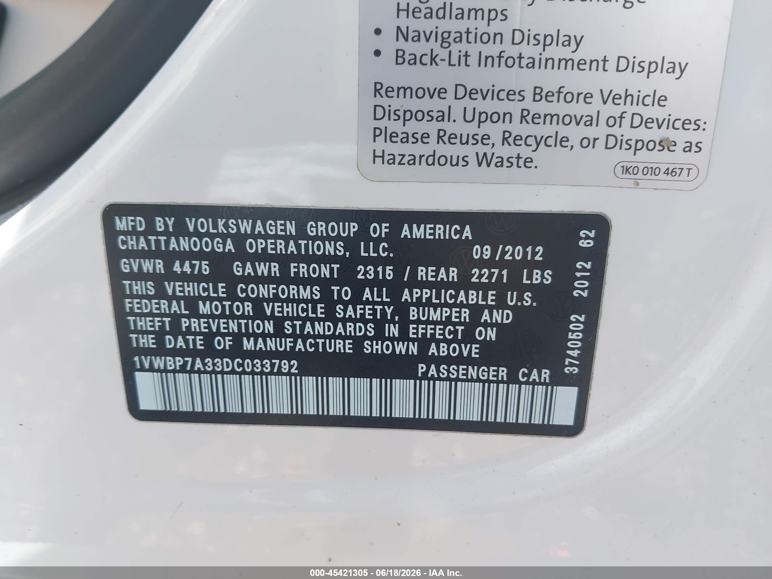 2013 Volkswagen Passat 2.5l Se White vin: 1VWBP7A33DC033792