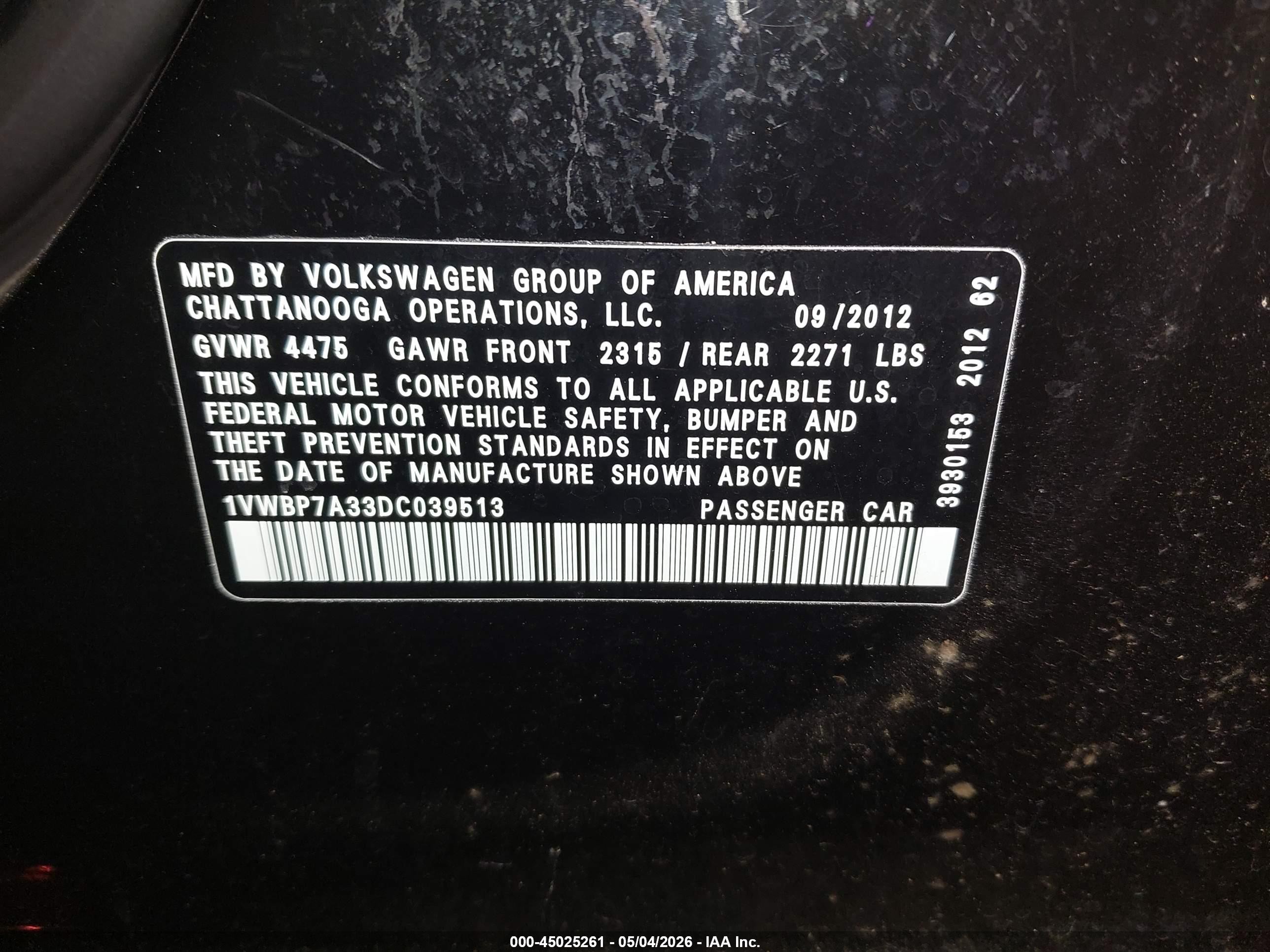 2013 Volkswagen Passat 2.5l Se Черный vin: 1VWBP7A33DC039513