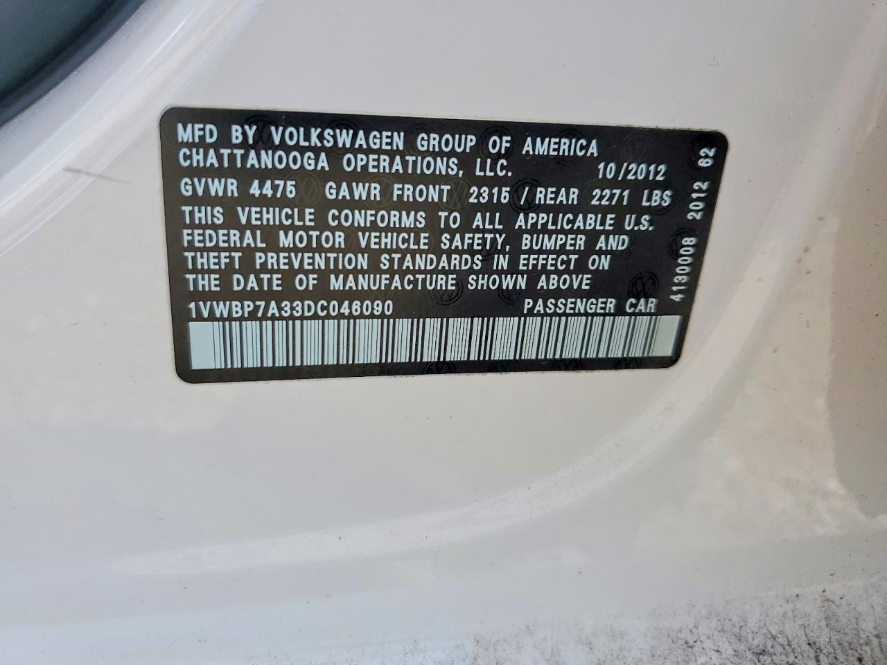 2013 Volkswagen Passat Se White vin: 1VWBP7A33DC046090