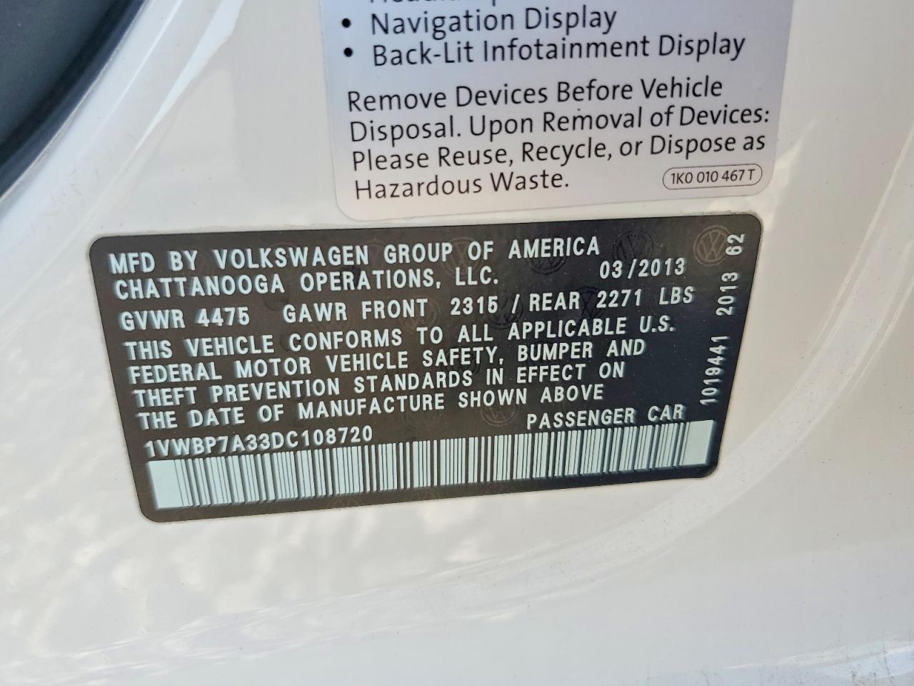 2013 Volkswagen Passat Se White vin: 1VWBP7A33DC108720