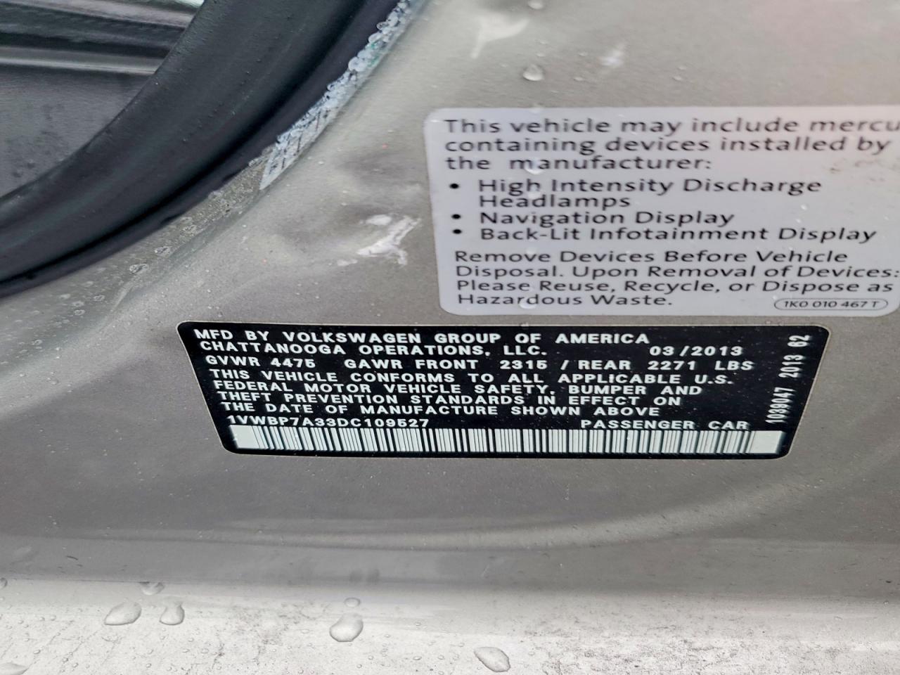 2013 Volkswagen Passat Se Silver vin: 1VWBP7A33DC109527