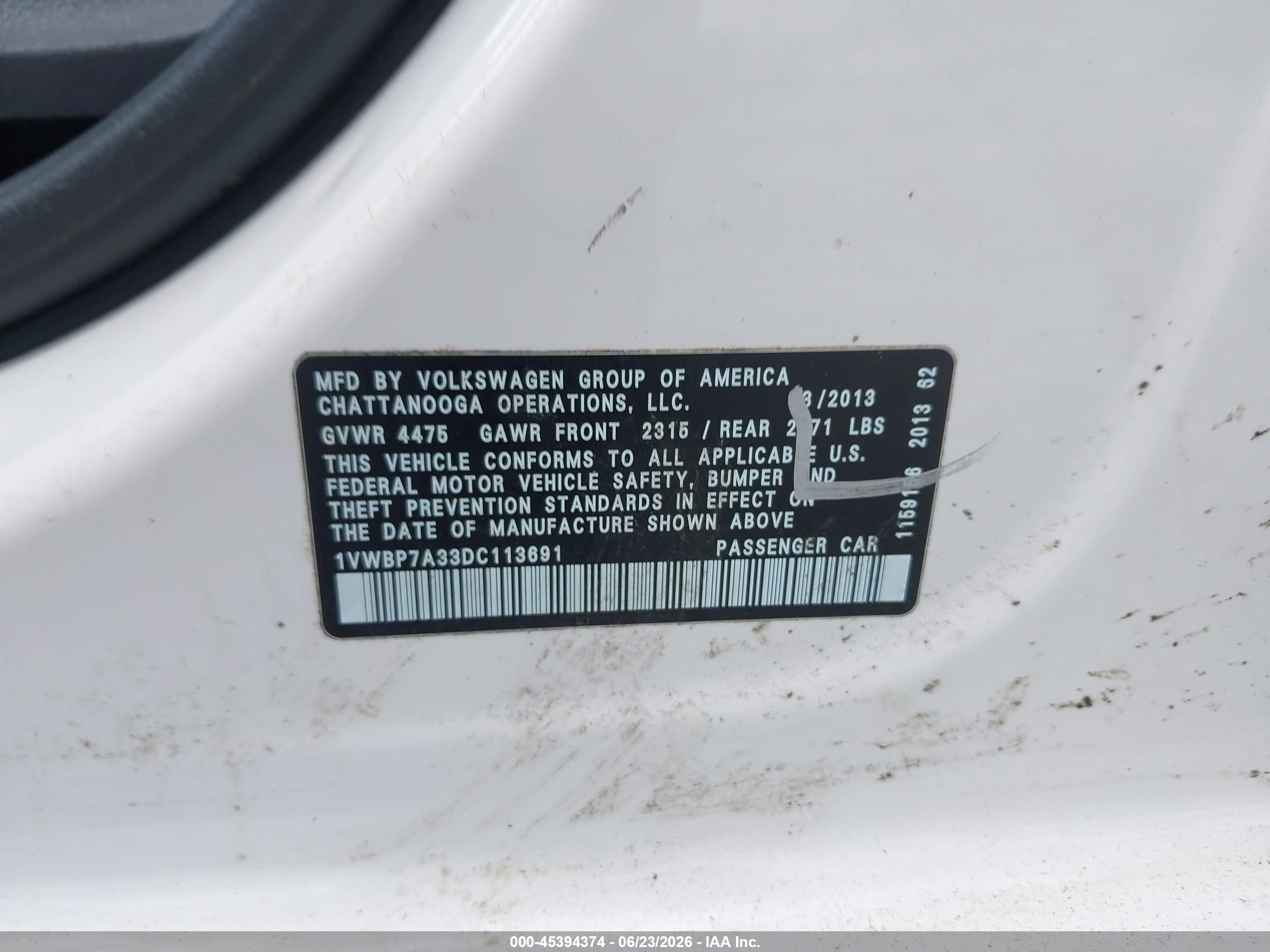 2013 Volkswagen Passat 2.5l Se White vin: 1VWBP7A33DC113691
