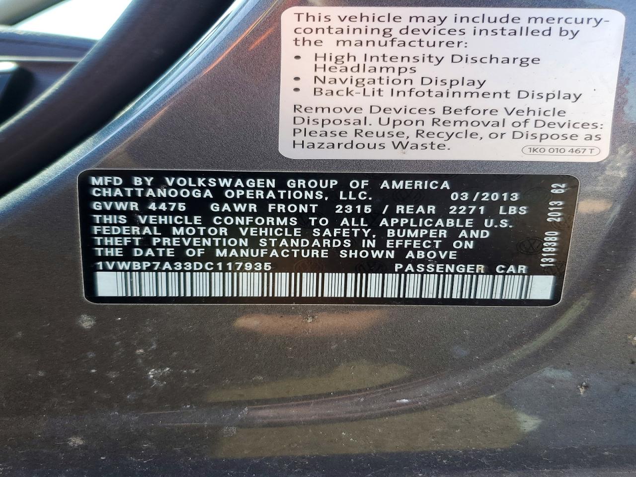 2013 Volkswagen Passat Se Gray vin: 1VWBP7A33DC117935