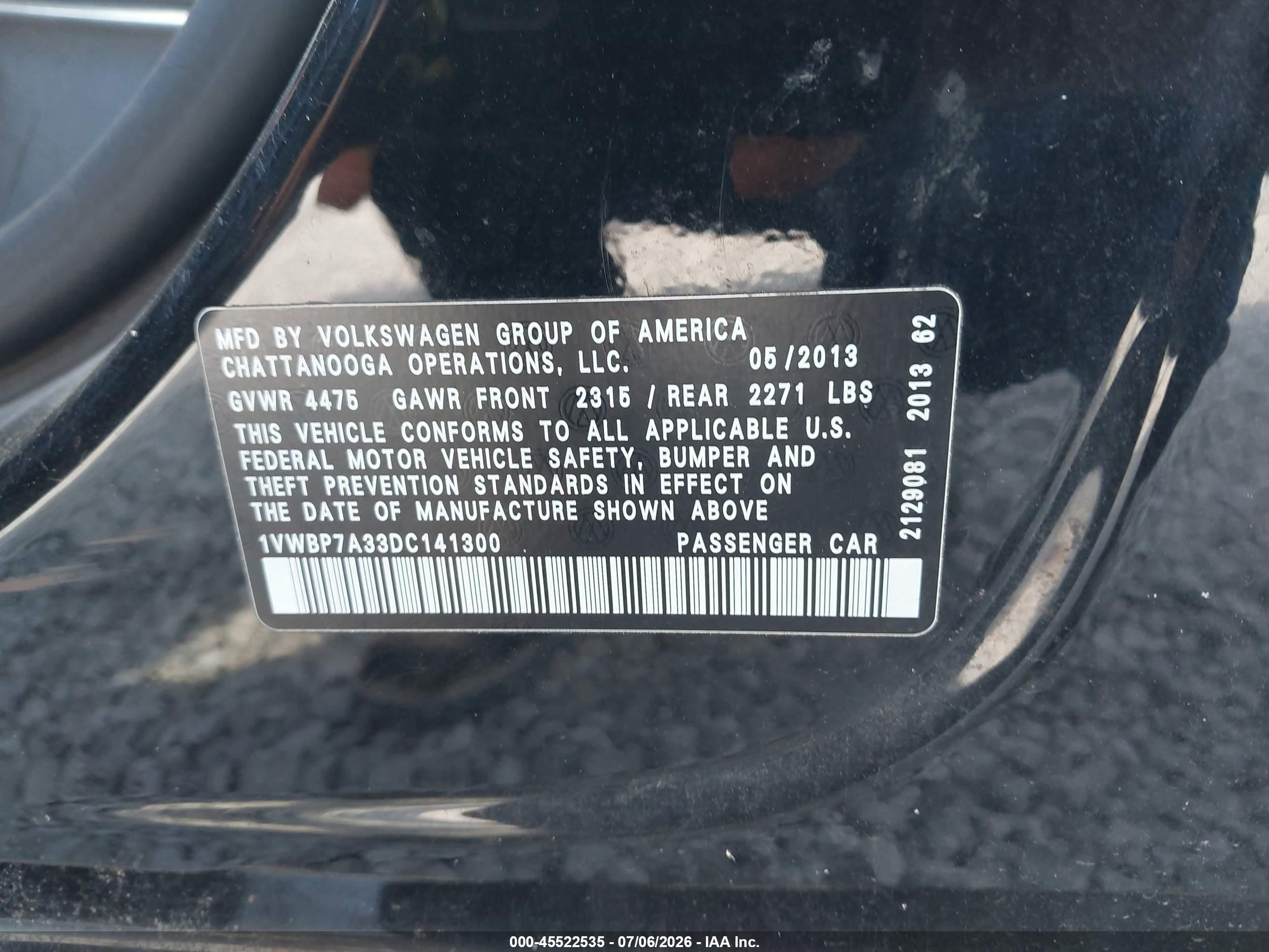 2013 Volkswagen Passat 2.5l Se Черный vin: 1VWBP7A33DC141300