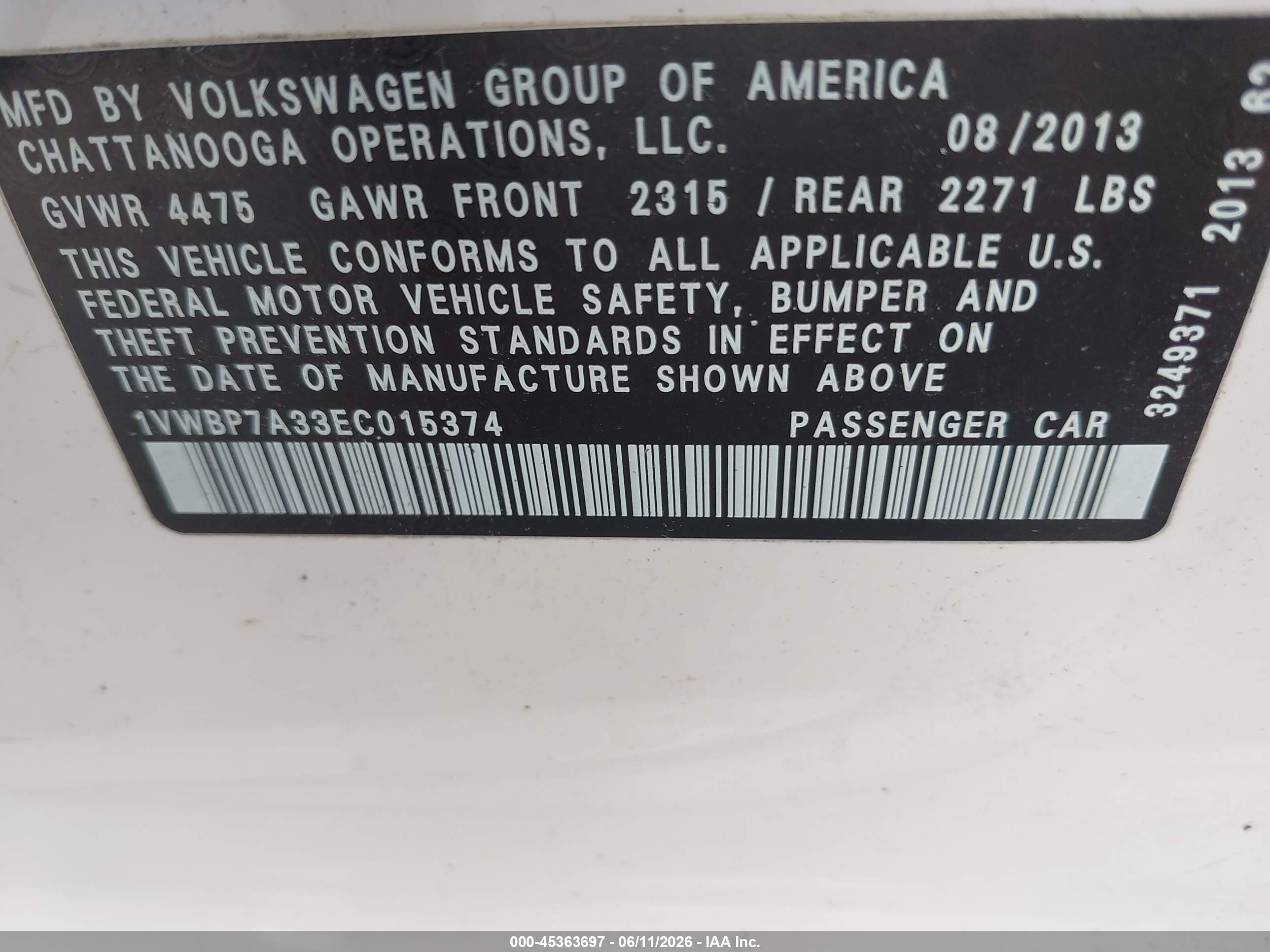 2014 Volkswagen Passat 2.5l Se White vin: 1VWBP7A33EC015374
