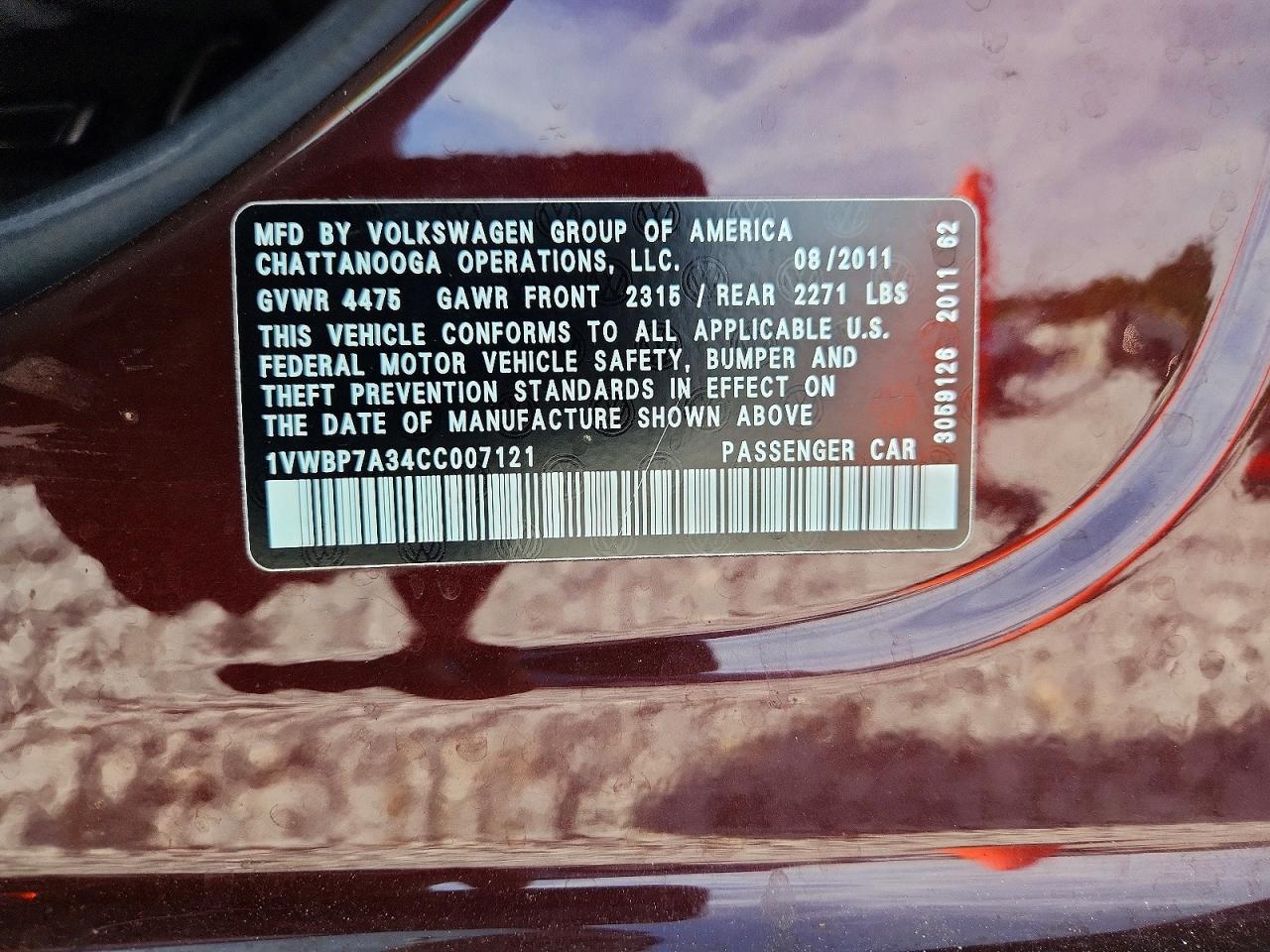2012 Volkswagen Passat Se Burgundy vin: 1VWBP7A34CC007121